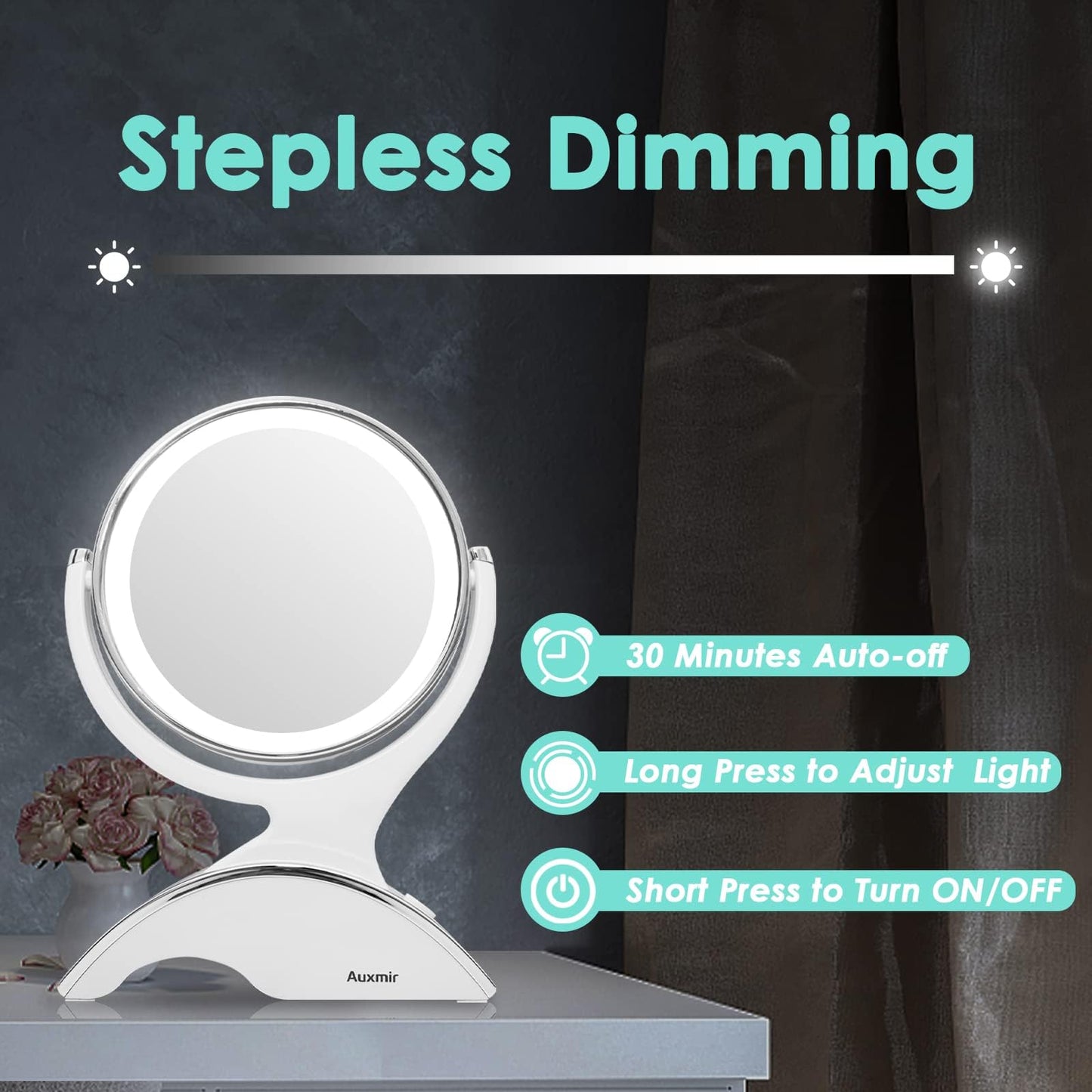 Auxmir 1X / 10X Magnifying Makeup Mirror With Light, Double Sided Rechargeable Mirror with Adjustable Brightness, 360° Rotation Cosmetic Mirror for Dressing Table, Bathroom, Bedroom