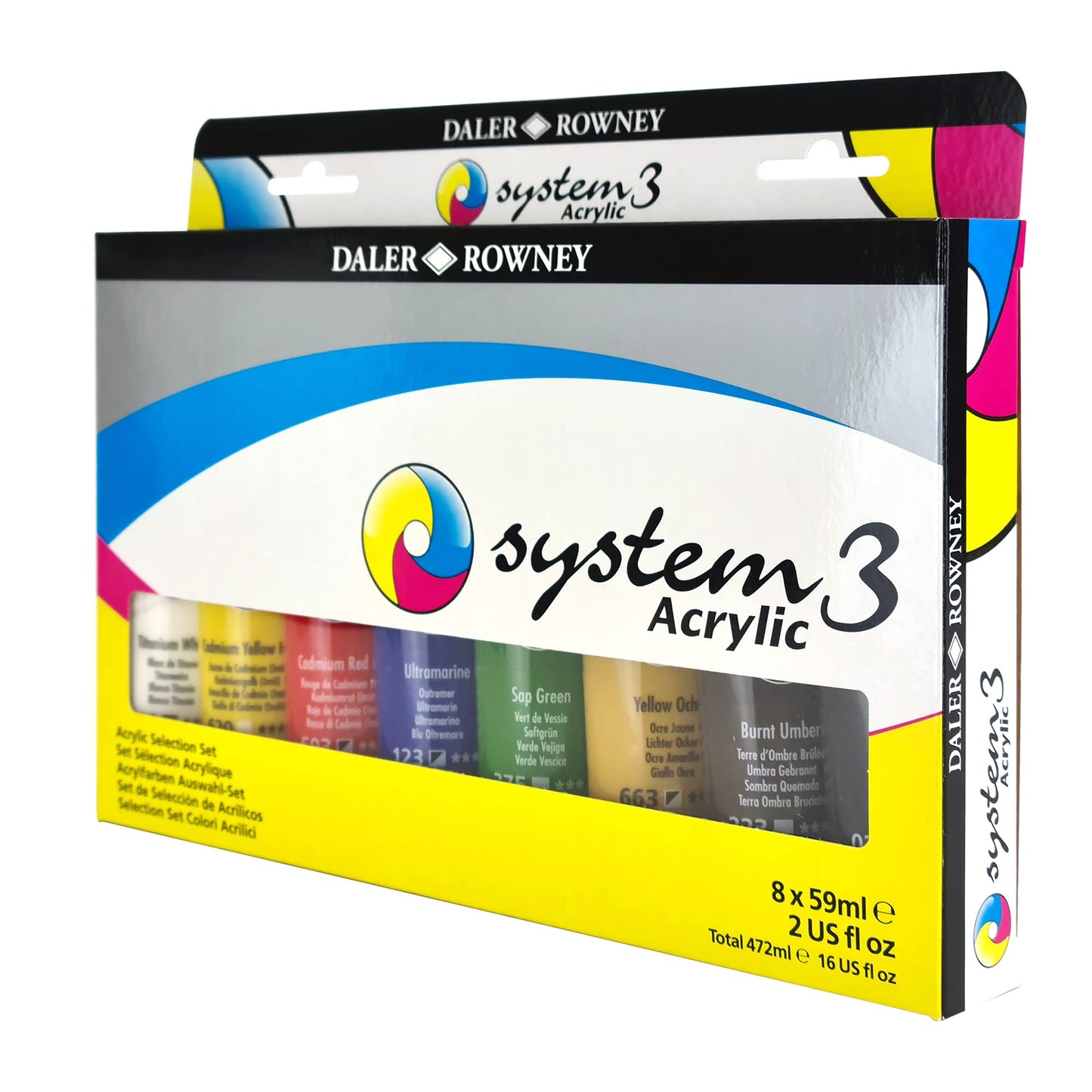 Daler-Rowney System3 Acrylic Paint, Plastic Tubes, 2oz - 59 ml, Cardboard Box, Selection Set, 8 Assorted Colours SELECTION SET 8X59ML