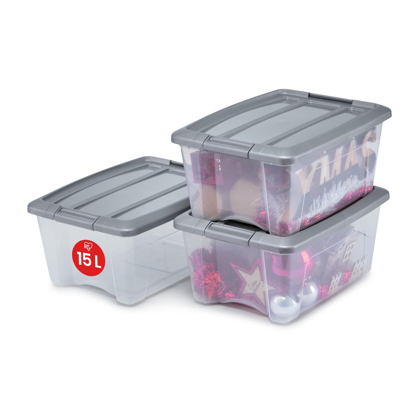 Iris Ohyama, Plastic storage boxes with lid and closing clips, 15L, Set of 3, Integrated Handles, Stackable, BPA free, Bedroom, Office, Living room, NTB-15, Silver Silver / Clear 15L / 3 Pack