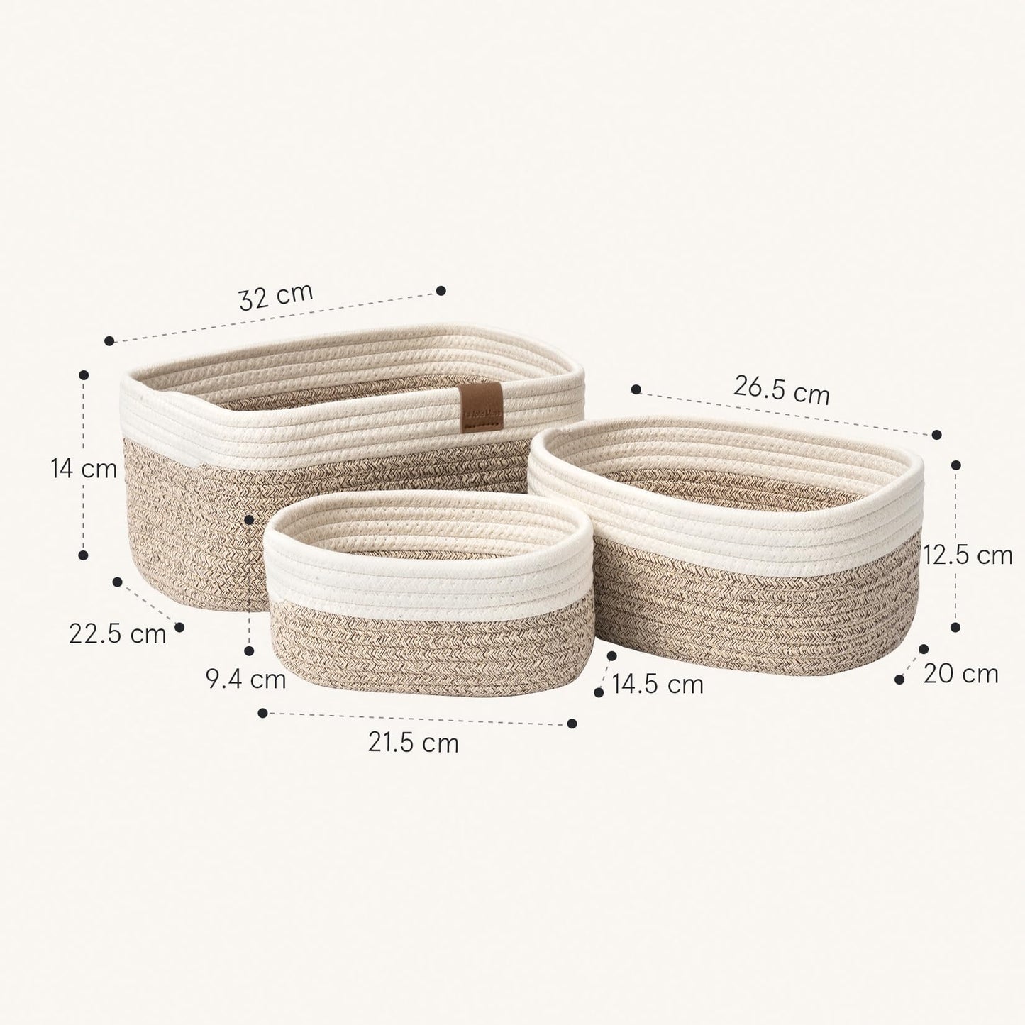 LA JOLIE MUSE Storage Baskets, Cotton Rope Woven Bathroom Storage Basket Set of 3, Small Basket Box Organizer Bins With Handles White&desert Pack 3