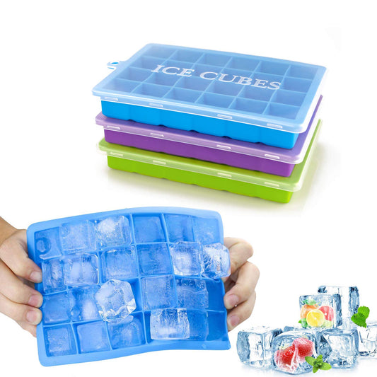 Ice Cube Trays 3 Pack, Morfone Silicone Ice Molds with Removable Lid Easy-Release Flexible Ice Cube Tray 24 Cubes per Tray for Cocktail, Whiskey, Baby Food, Chocolate, BPA Free, LFGB Certified Blue/Green/Purple