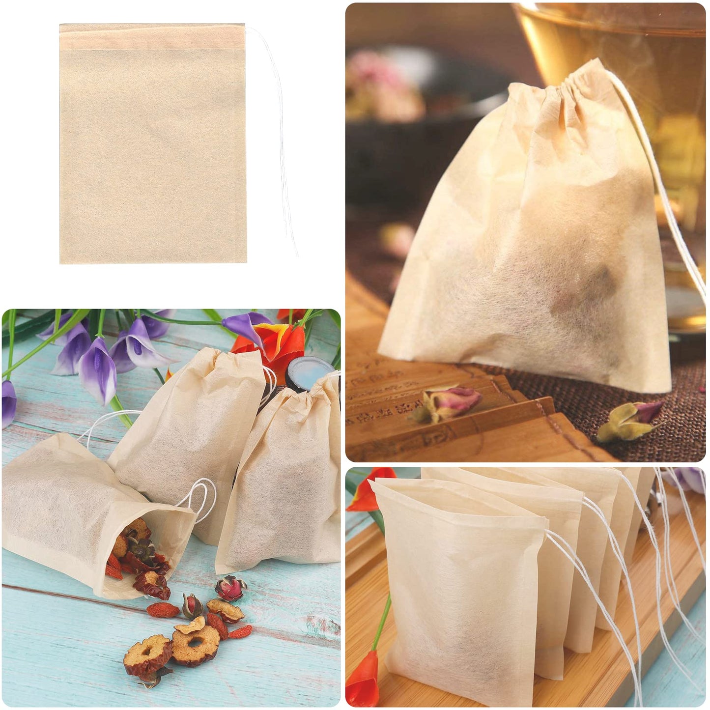 200PCS Disposable Tea Filter Bags, Carehabi Empty with Drawstring, for Loose, Muslin Bag (6 x 8 cm) 200pcs