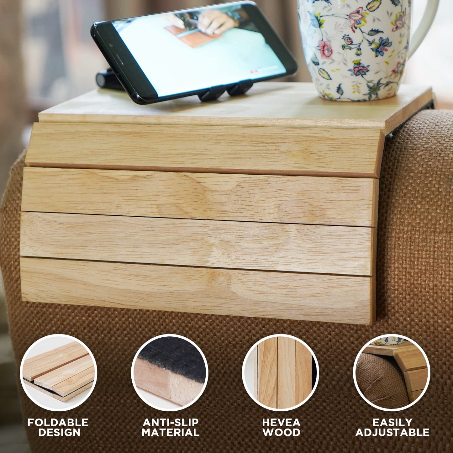 Besto Sofa Arm Tray Foldable Wooden Armrest Tray Sofa Organiser for Drinks, Snack, Magazine, and Remote - Square Couch Protector Laptop and Tablet Holder