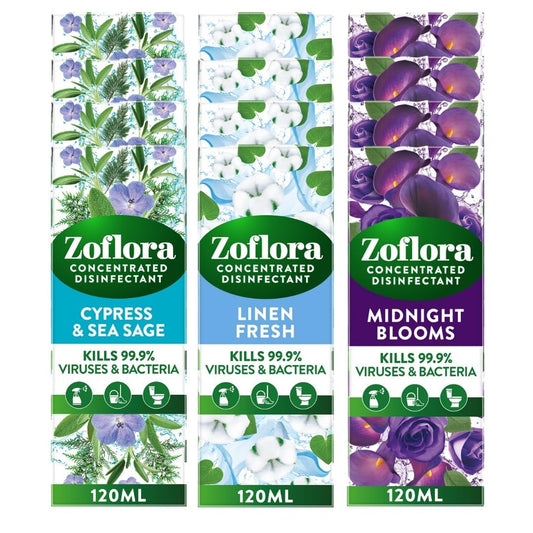 Zoflora Mixed Pack Assortment 12pc x 120ml, Concentrated 3-in-1 Multipurpose Disinfectant – Fragrances May Vary Kills 99.9% of Bacteria & Viruses 120 ml (Pack of 12)