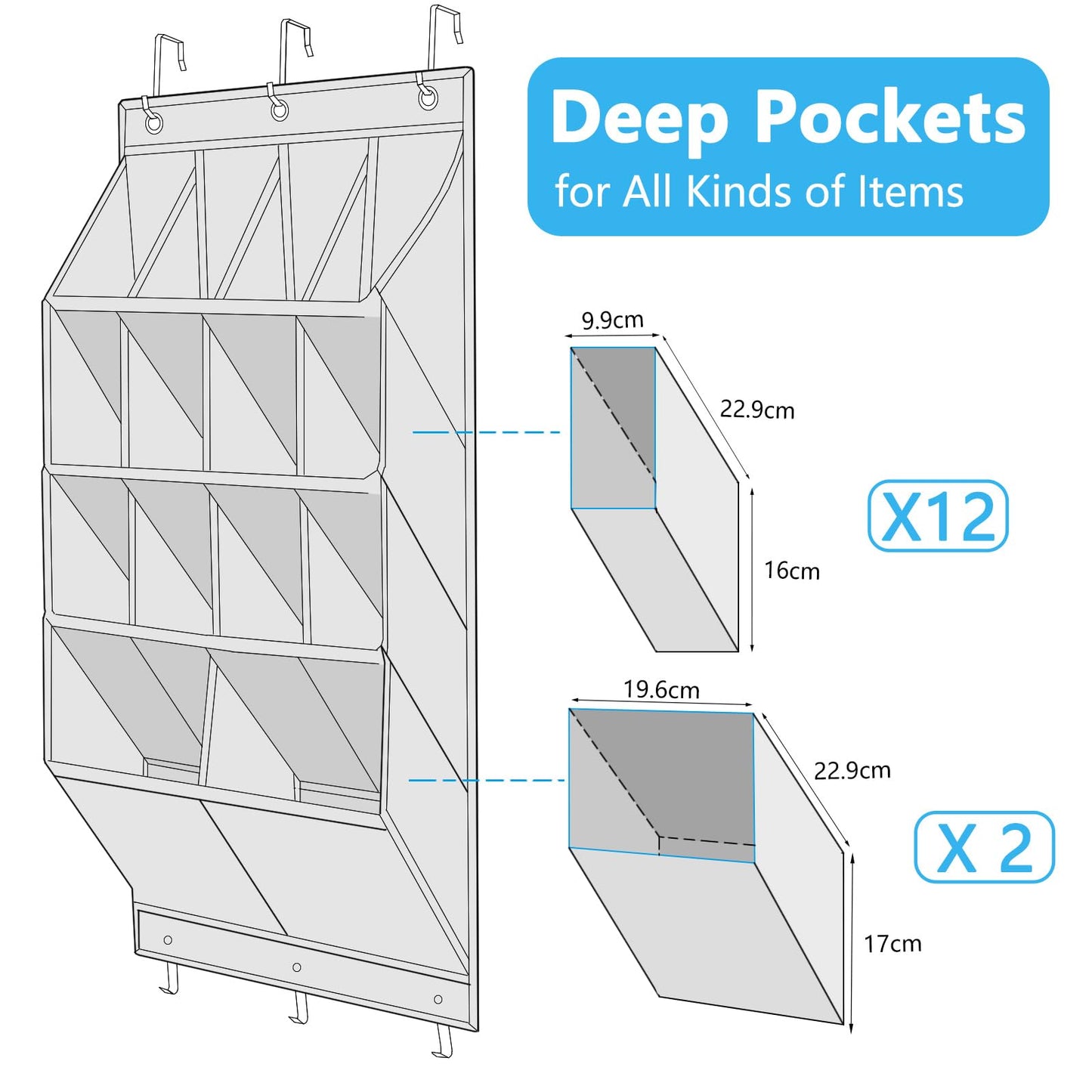 FENTEC Over Door Shoe Organizer, Over Door Storage 14 Pockets, Hanging Shoe Storage Door Shoe Rack Sturdy 600D Oxford Fabric with 3 Hooks for Space Saving, Heavy Duty, Grey 1 Pack-14 Pockets