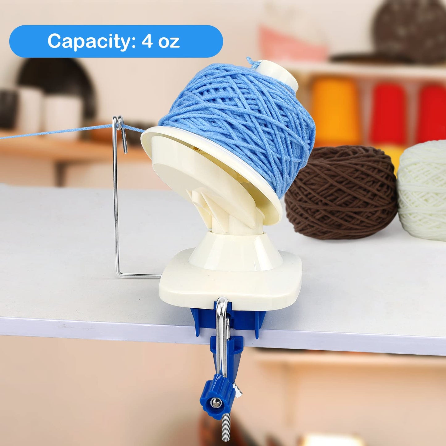 LAMXD Needlecraft Yarn Ball Winder Hand Operated,Capacity 4-Ounce,Blue,Portable Package,Easy to Set Up and Use,Sturdy with Metal Handle and Tabletop Clamp,Including 8 Sizes Crochet Hooks Set X-Small