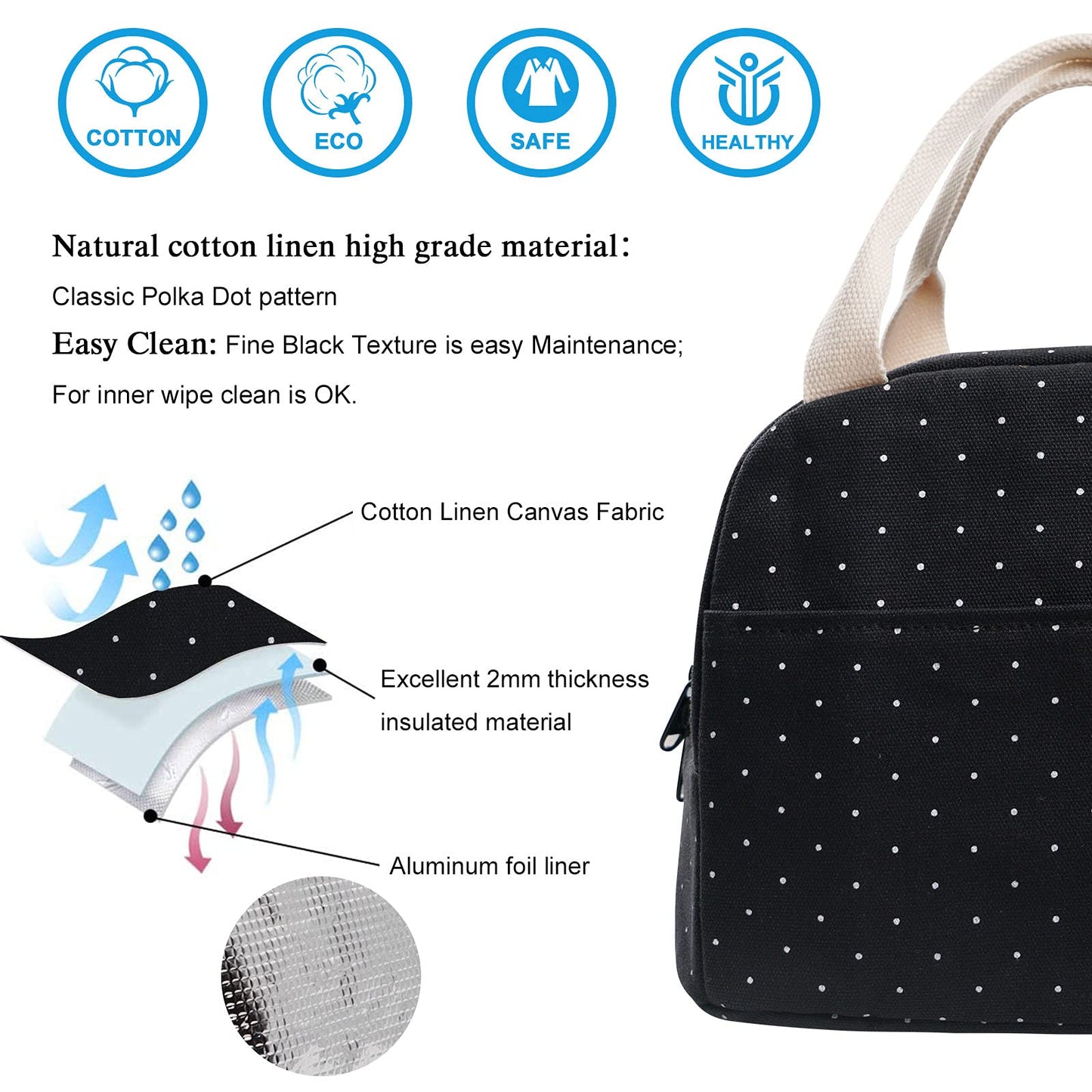 EurCross Lunch Bag,Canvas Compact Lunch Box Bag Polka Dot for Girls, Small Adults Lunch Tote Bag for Men, Women Ladies for Work and Kids for School with Insulated Liner Polka Dots