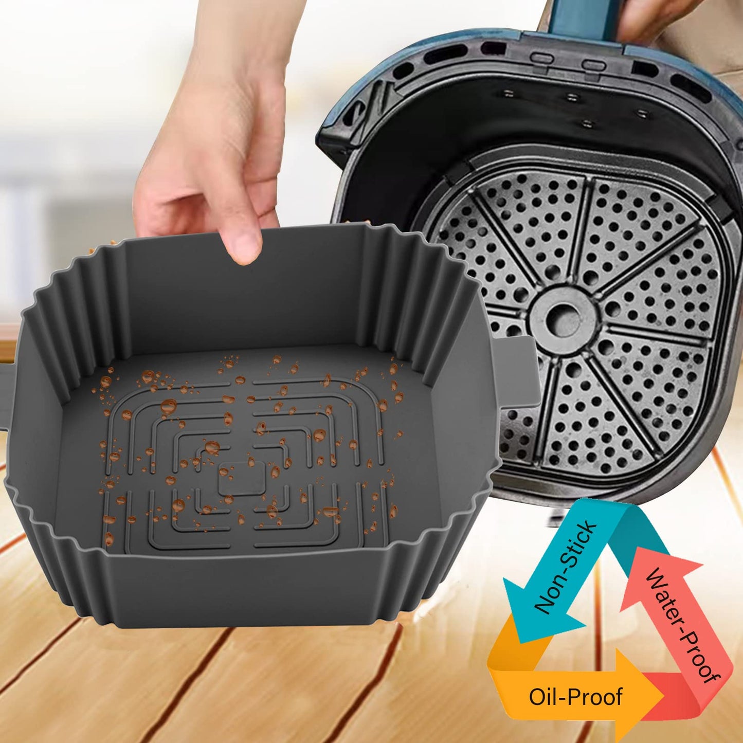 Air Fryer Liners-Square Silicone Air Fryer Liner Reusable,2pcs Air Fryer Silicone Liners Accessories Reusable Airfryer Liner Non-Stick Baking Paper Pot Air Fryers Basket Tray Baking Pan Replacement Grey+grey