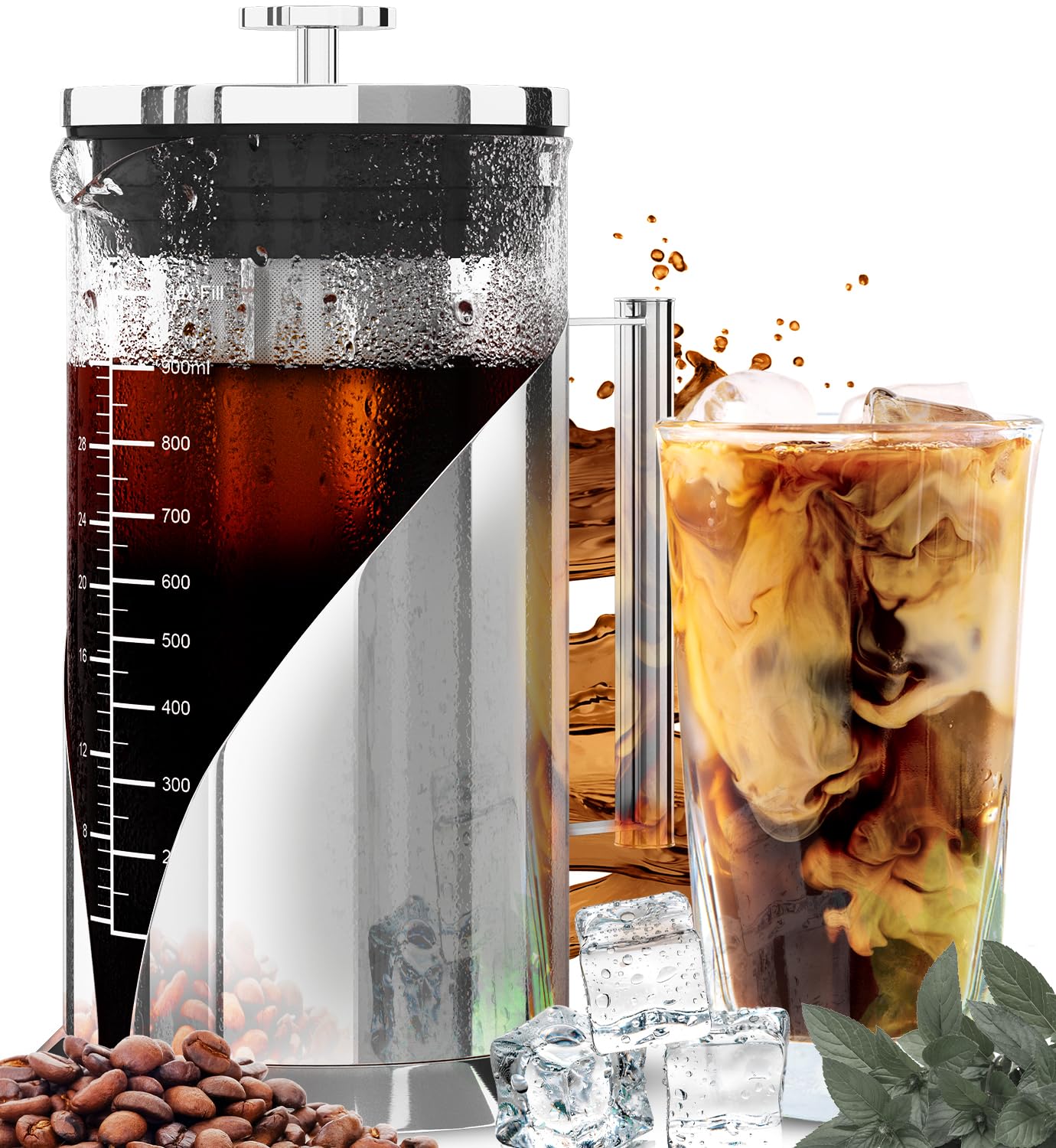 Cafe Du Chateau Cold Brew Coffee Maker - 34 Ounces - Air Tight Seal with Faster Steep Time - Ice Tea and Coffee Server - Stainless Steel Iced Coffee Maker Press - Glass Iced Coffee Pitcher