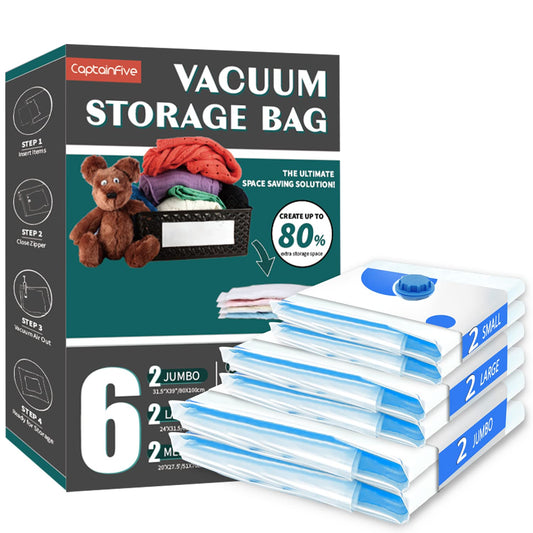 CaptainFive Vacuum Storage Bags 6 Packs, 2 Jumbo (100 x 80 cm) + 2 Large (80 x 61 cm) + 2 Medium (70 x 51 cm), Reusable Vacuum Bags for Clothes, Duvets, Bedding, Pillows 6 Pack (2XL + 2L + 2M)