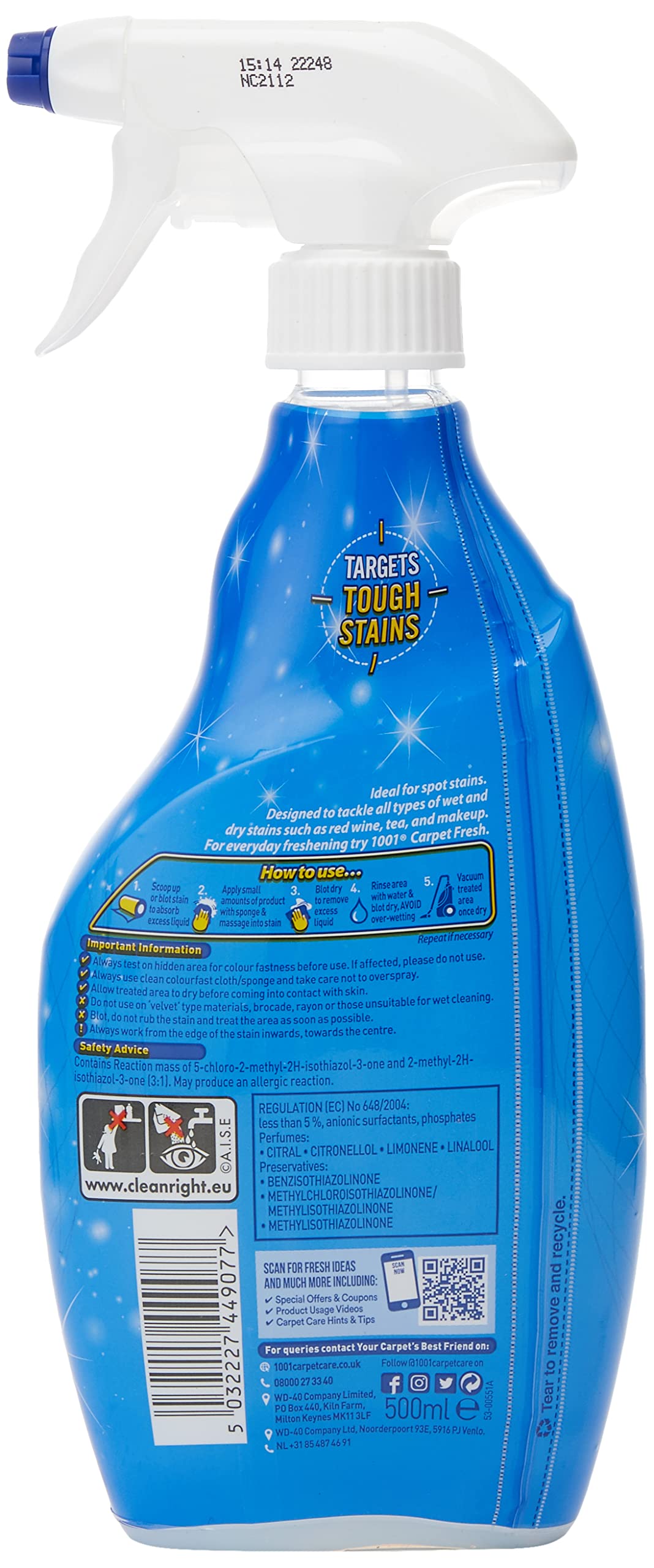 1001 Carpet Stain Remover, Tough On Stubborn Stains, Cleans deep into the carpet, Gentle On Rugs, Upholstery and Carpets, Leaves no residue, WoolSafe approved 500ml