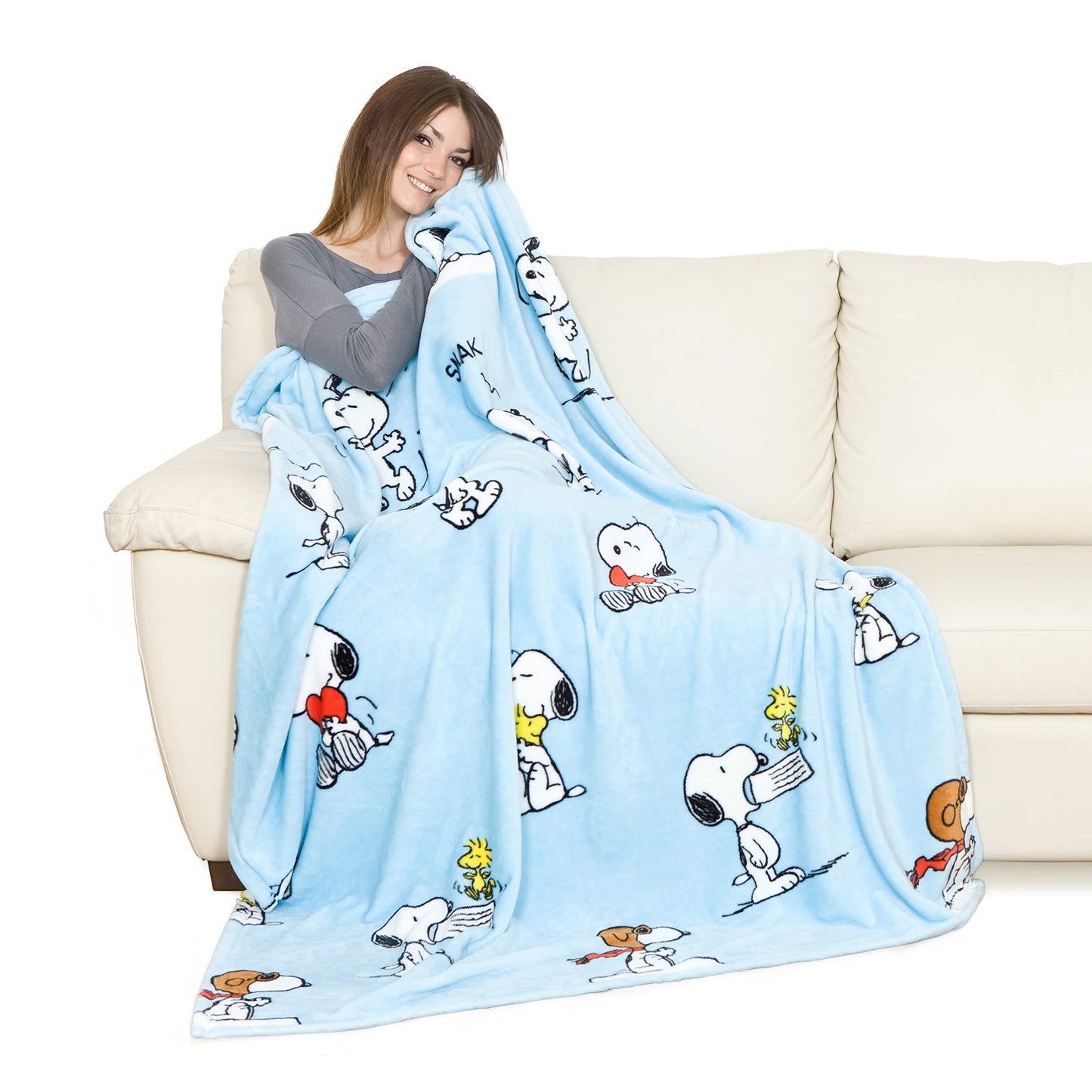 Kanguru Plaid Snoopy Throw Blanket, Fleece Blanket, Soft Blanket, Throws for Sofas, Blanket for Bed, Gift Ideas, Snoopy Gifts, Kids Bedroom Accessories, Light Blue, Size 130 x 170 cm Plaid Snoopy Light Blue