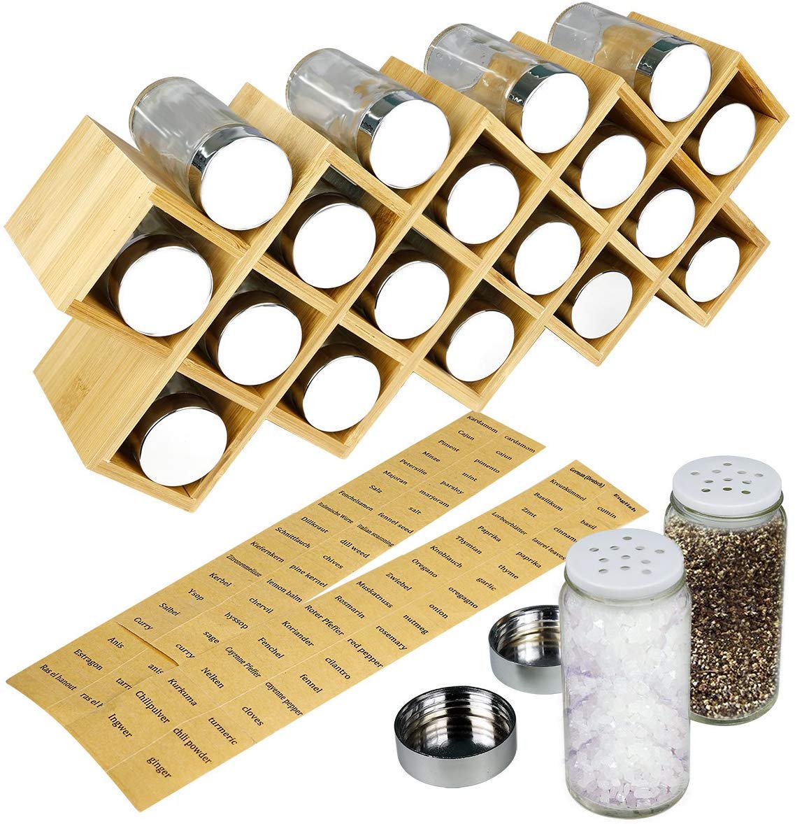 Harcas Bamboo Spice Rack with 18 Jars and Labels. Free Standing Spice Organiser Large Size 43cm x 9.5cm x 18cm. Glass Jars with Chrome Finish Lids