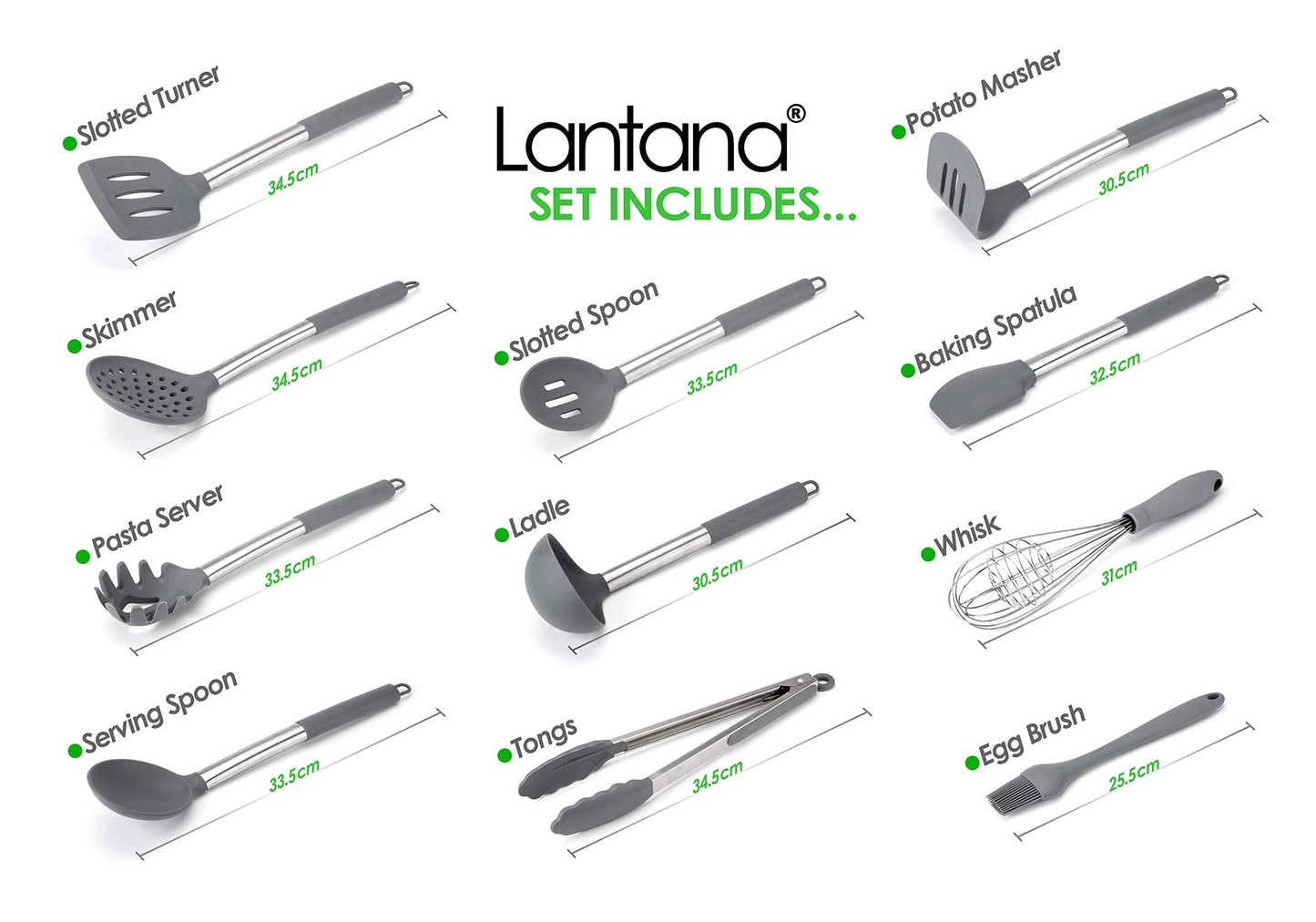 Lantana Premium 11pc Silicone Kitchen Utensil Set for Cooking and Baking in Sleek Grey and Brushed Stainless Steel. Includes; Tongs, Whisk, Spatula, Ladle, Potato Masher and more.