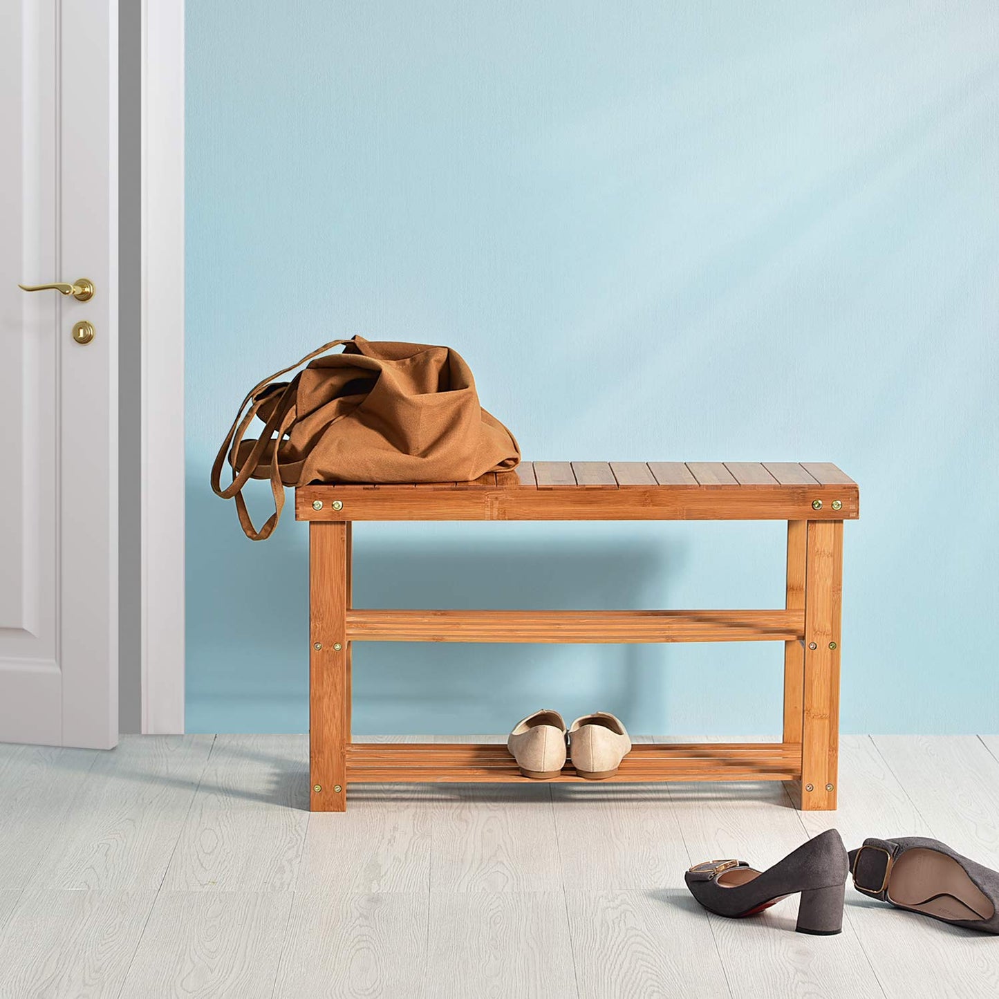 Hododou Shoe Rack, 2 Tier Bench Storage Organiser Holder 70 x 27 x 45cm Made of 100% Natural Bamboo Max Load Capacity up to 100KG 70cm