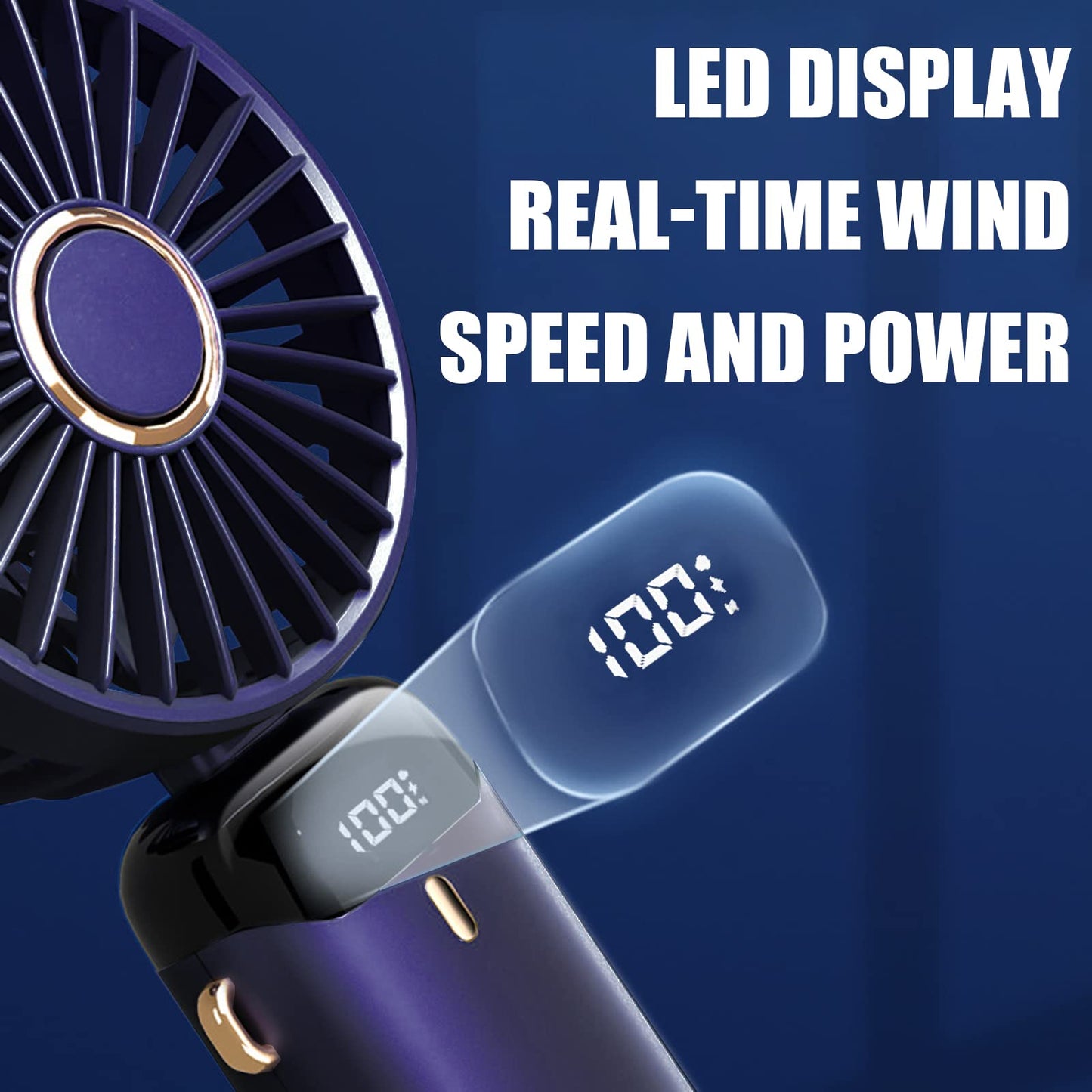 Jsdoin Hand Held Fan,Portable Handheld USB Rechargeable Fans with 5 Speeds,Battery Operated Mini Fan Foldable Desk Desktop Fans with LED Display for Home Office Bedroom Outdoor Travel (DarkBlue) Darkblue