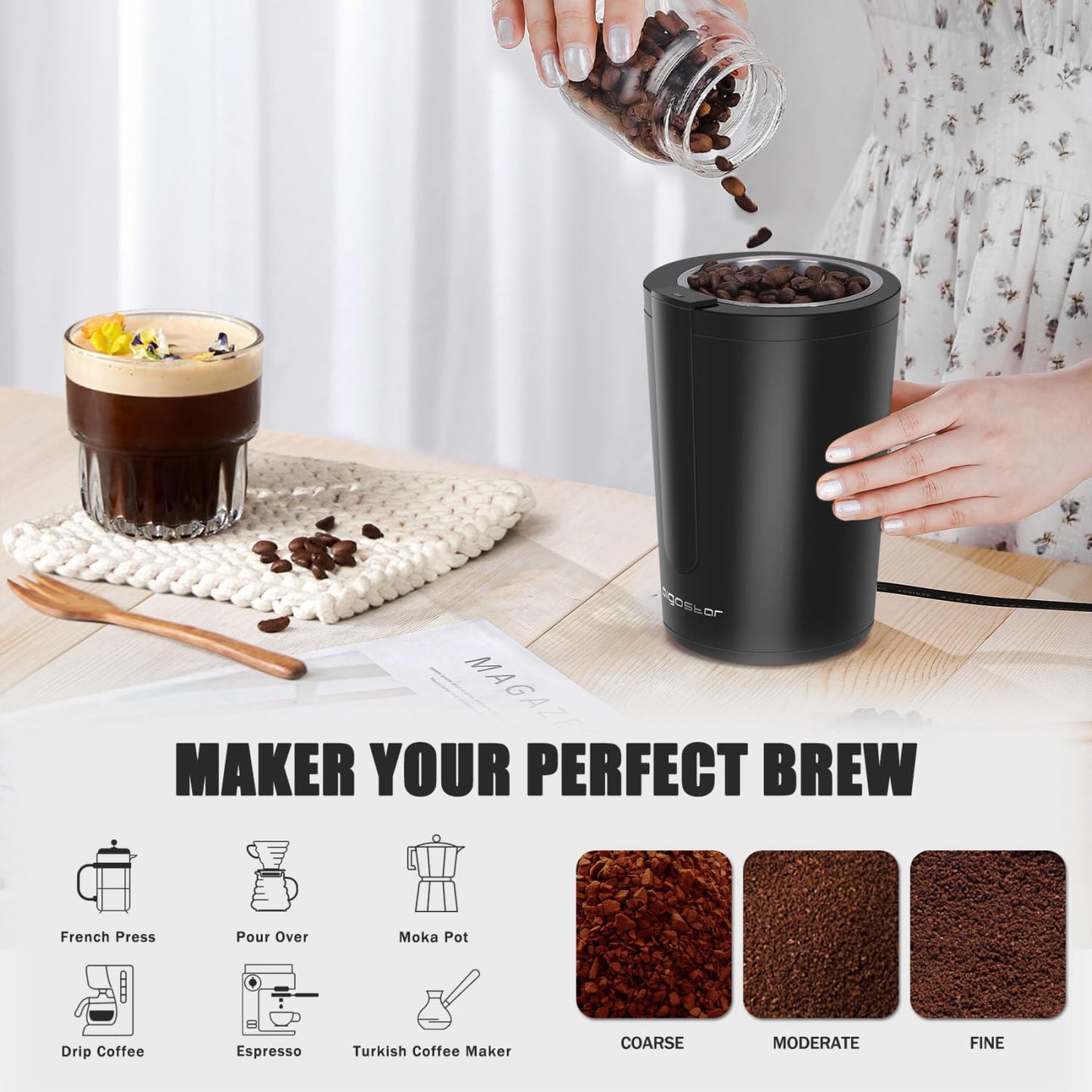 Aigostar Coffee Grinder Electric with Removable Lid, Grinder for Coffee Bean, Pepper, Grain, Spice, Nuts Safe 304 Stainless Steel Blades, Powerful Grinder Motor 200W - Natural 30RRK.