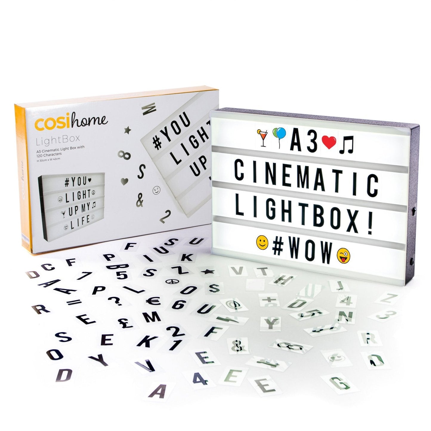 Cosi Home A3 Cinematic Light Box with 120 Letters, Emoji, Smilies and Symbols - Personalise Your own Message - Battery and USB Power