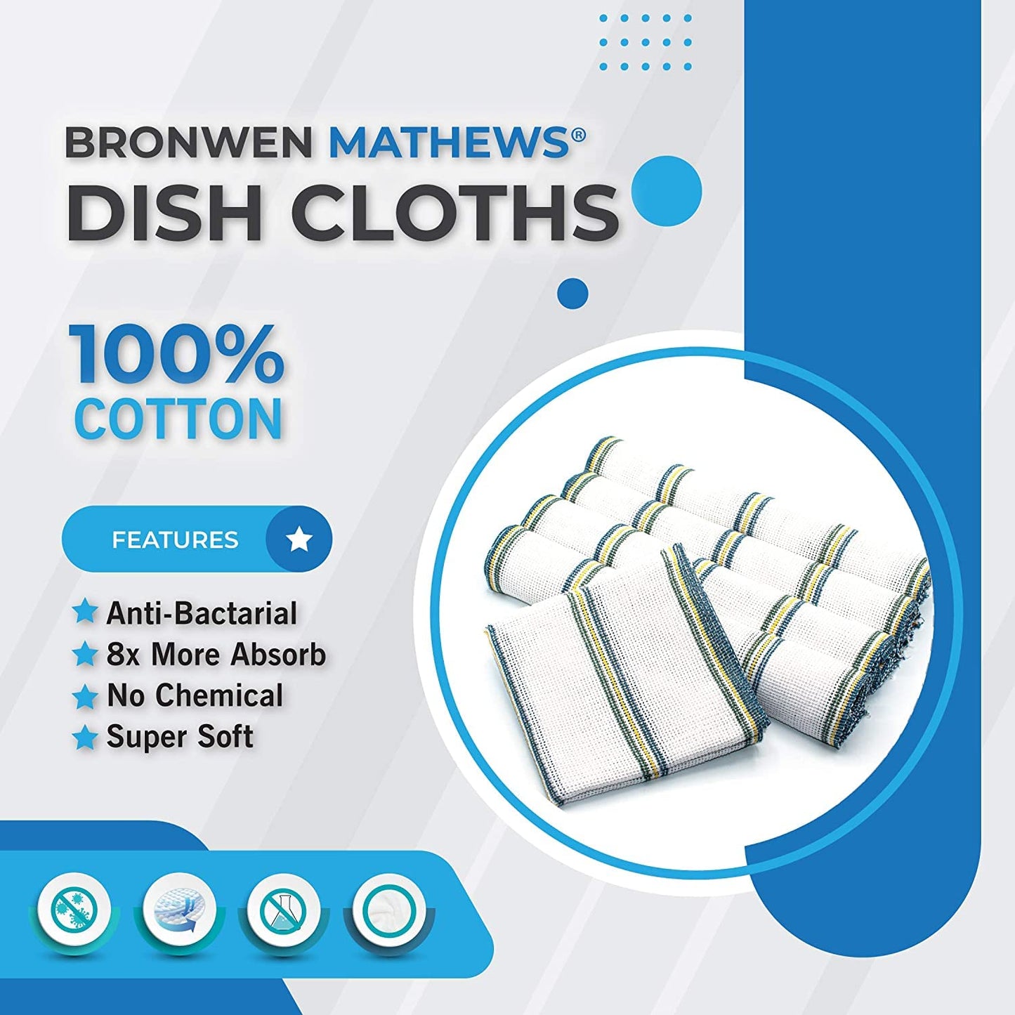 Bronwen Mathews® Dish Cloths Cleaning Hygiene 100% Cotton Antibacterial Absorbent Lint Free Cloths Kitchen Towels Washing Up Dishcloths Tea Towels Set (Pack of 40) Pack of 40