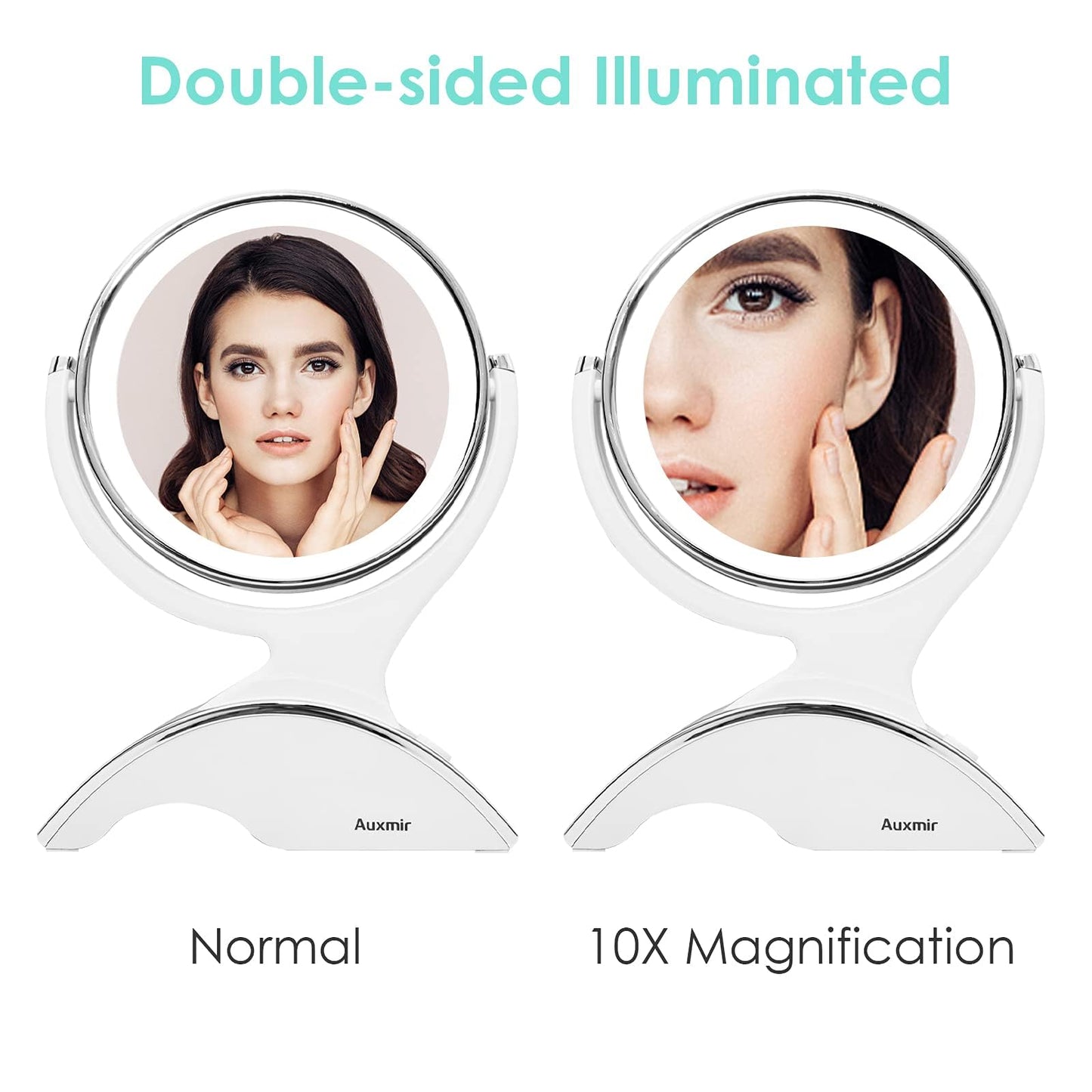 Auxmir 1X / 10X Magnifying Makeup Mirror With Light, Double Sided Rechargeable Mirror with Adjustable Brightness, 360° Rotation Cosmetic Mirror for Dressing Table, Bathroom, Bedroom