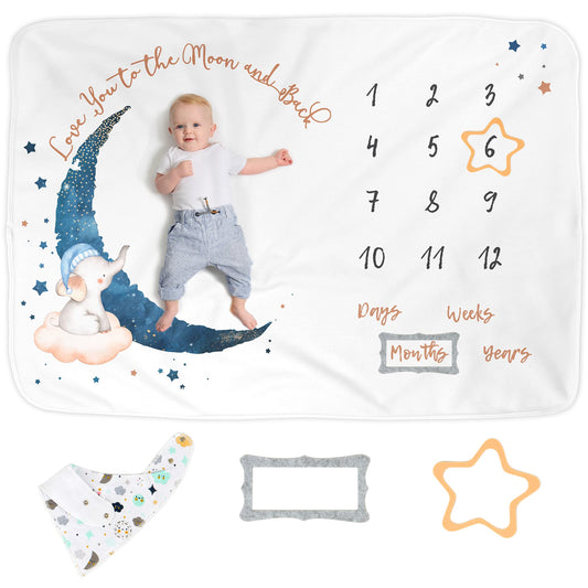 Luka&Lily Baby Monthly Milestone Blanket for Boys - Ultrasoft Newborn Boy Age Mat - Unisex 60"x40" (152.4cm x 101.6cm) - Elephant Moon Themed Elephant Moon Theme