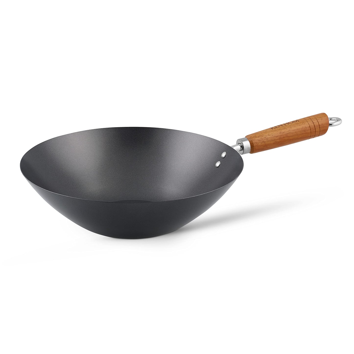 Ken Hom Carbon Steel Wok Set, 31cm, Classic, Non-Induction/Wooden Handle/Flat Base Pan, Includes Wok Pan with Lid, Wooden Wok Utensils and Recipe Book, KH331051 Classic Wok Set