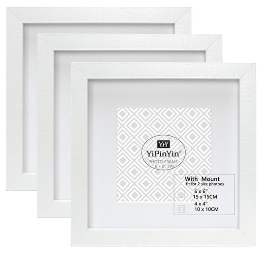 6 X 6 '' (15x15cm) Square White Photo Frames Set Of 3 with mount for 4×4" photo,Boxed Garllery 10x10cm Picture Frame 3 Pack, 15x15cm Square frames With Glass Window For Wallmounted & Desk Top 6X6in (3PK)