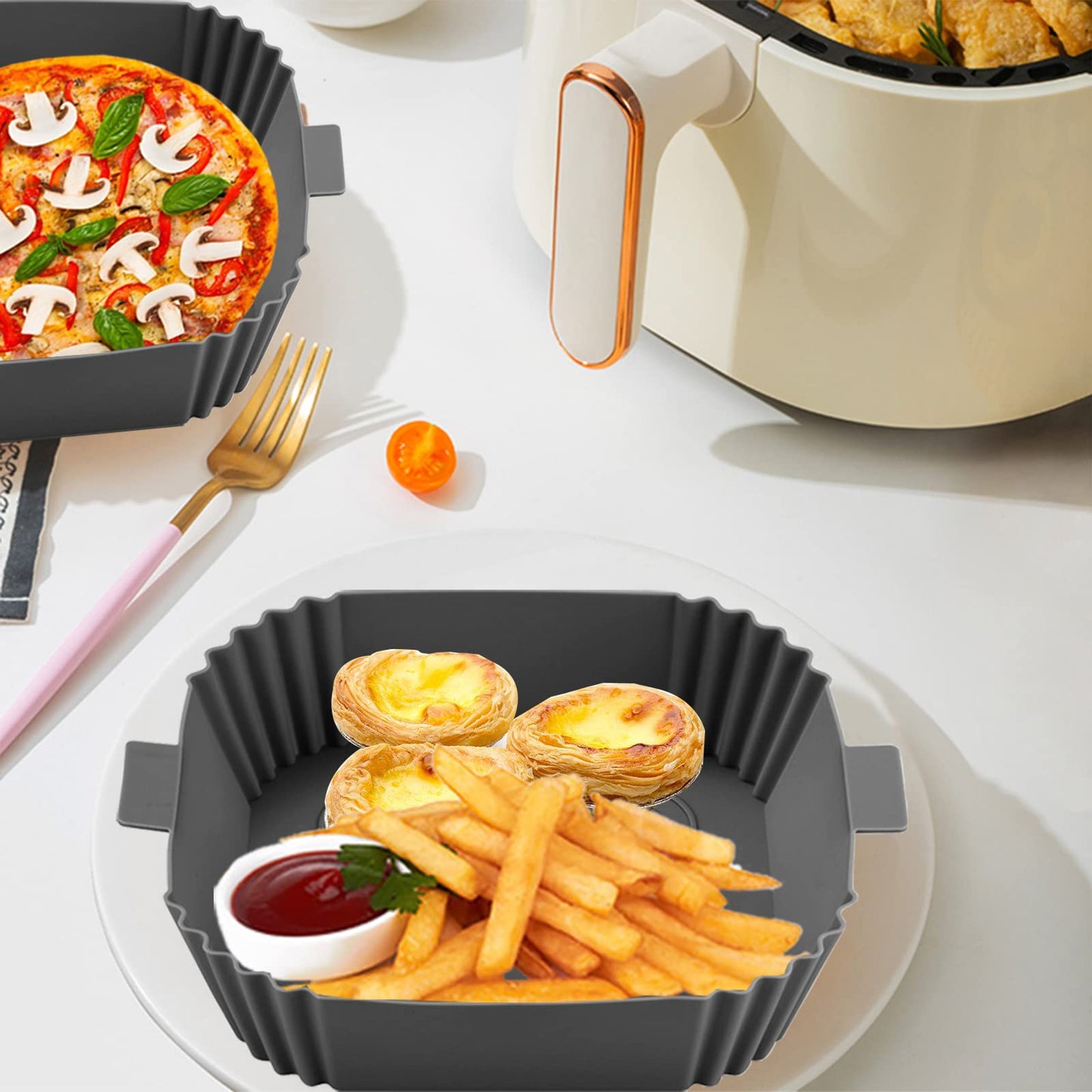 Air Fryer Liners-Square Silicone Air Fryer Liner Reusable,2pcs Air Fryer Silicone Liners Accessories Reusable Airfryer Liner Non-Stick Baking Paper Pot Air Fryers Basket Tray Baking Pan Replacement Grey+grey