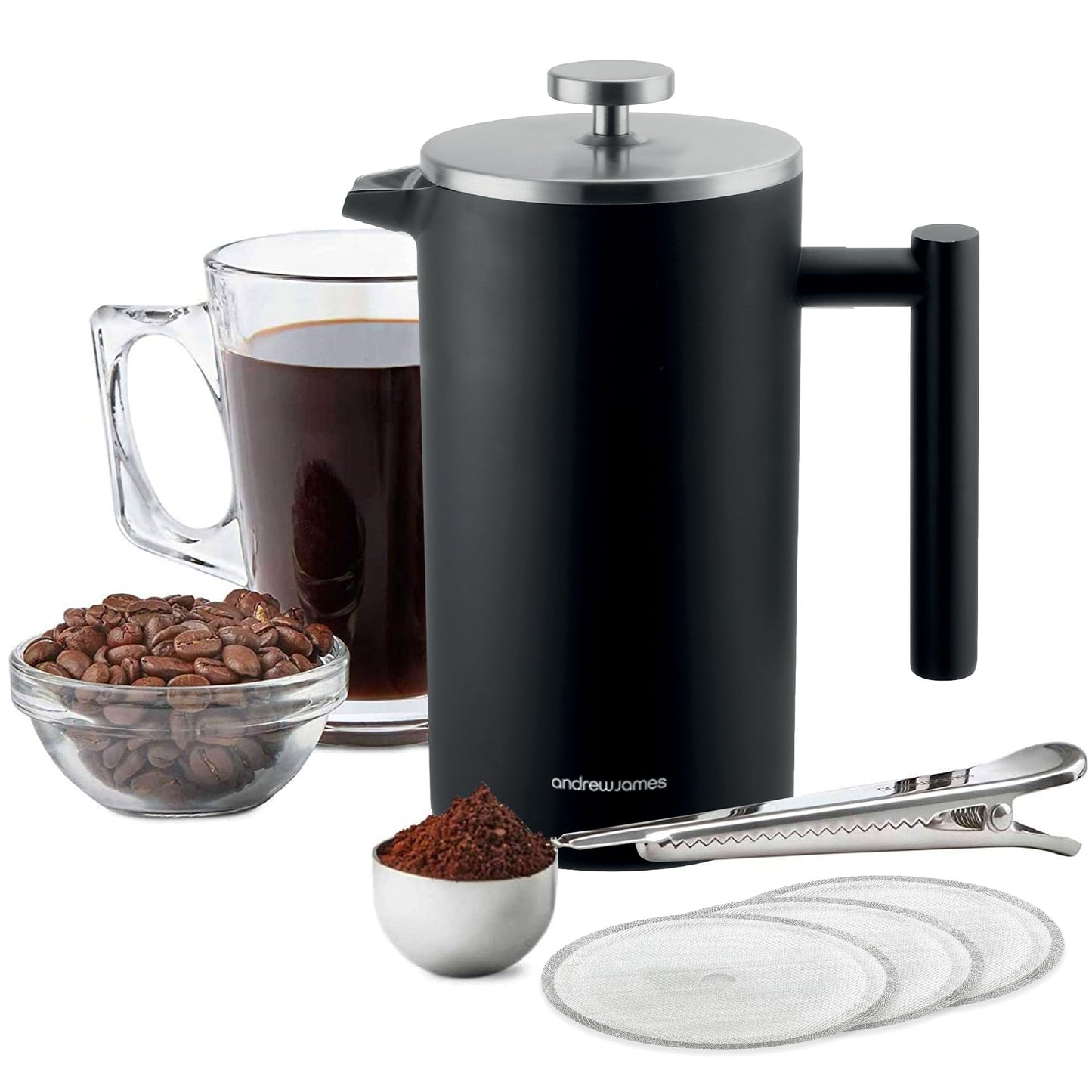 andrew james Double Walled Stainless Steel Cafetiere Gift Set With Coffee Measuring Spoon And Bag Sealing Clip | Delicious French Press Coffee | Easy to Clean (600ml, Matt Black) 600ml