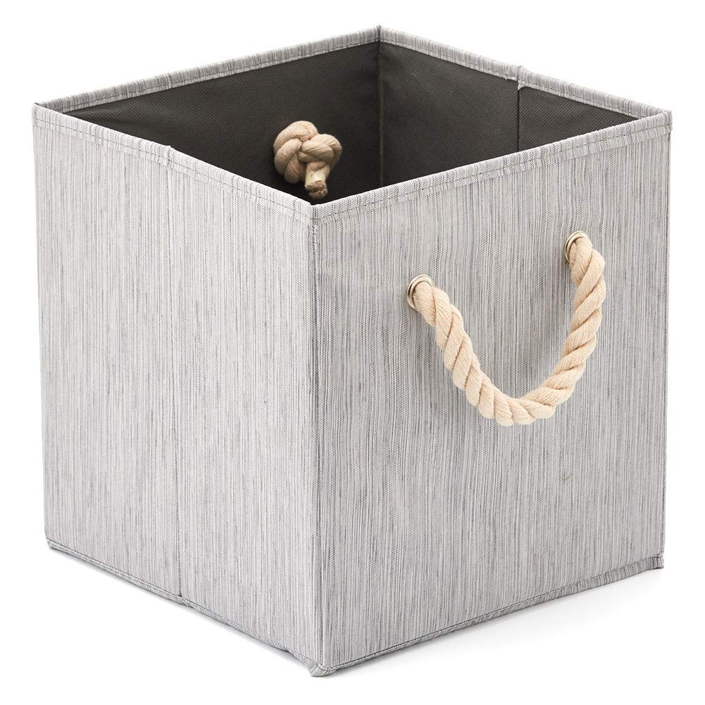 EZOWare Set of 4 Fabric Bamboo Fabric Storage Basket Bins with Cotton Rope Handle, Foldable Organiser Cube Boxes for Nursery Baby Kids Room Toys Home Shelving – 28x28x28 cm/Bamboo Gray Bamboo Gray