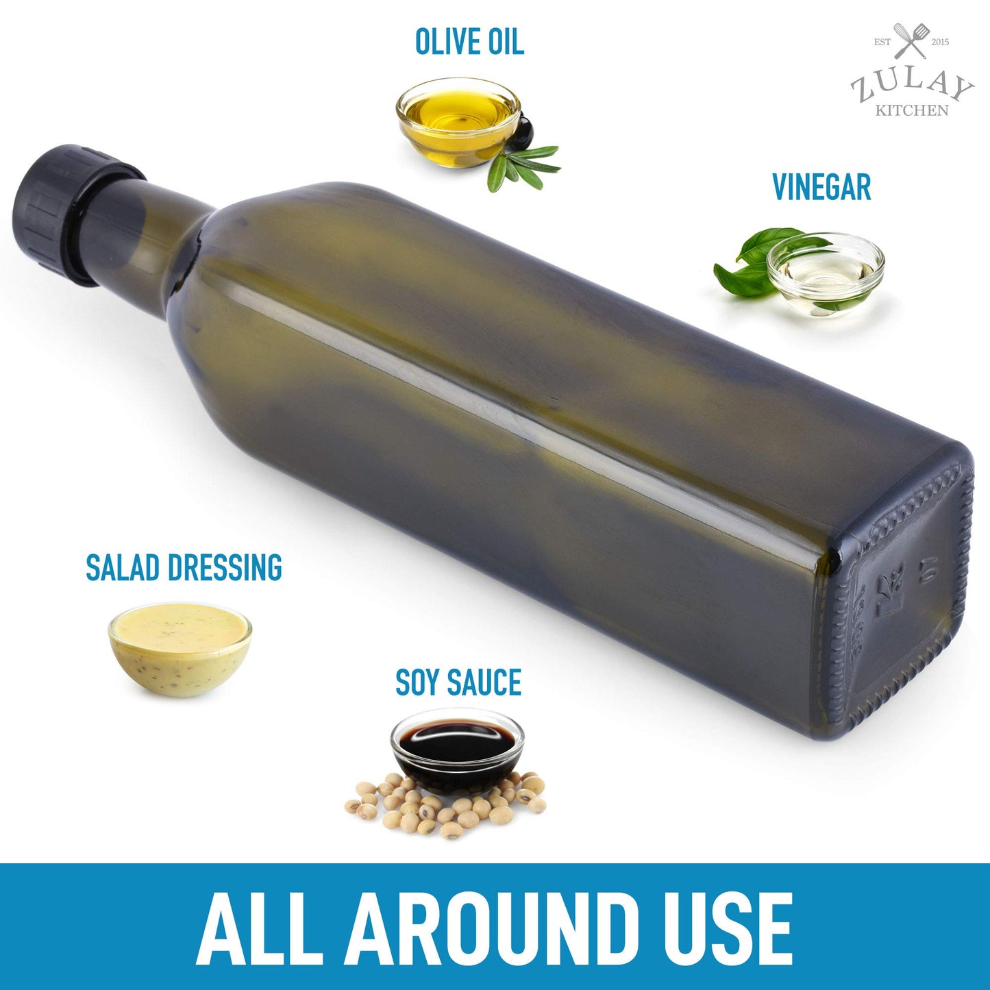 Zulay Olive Oil Dispenser Bottle For Kitchen - Glass Olive Oil Bottle With 2 Spouts, 2 Removable Corks, 2 Caps, & 1 Funnel - Oil Bottle For Kitchen & Storing Liquids Dark Brown 1 Pack