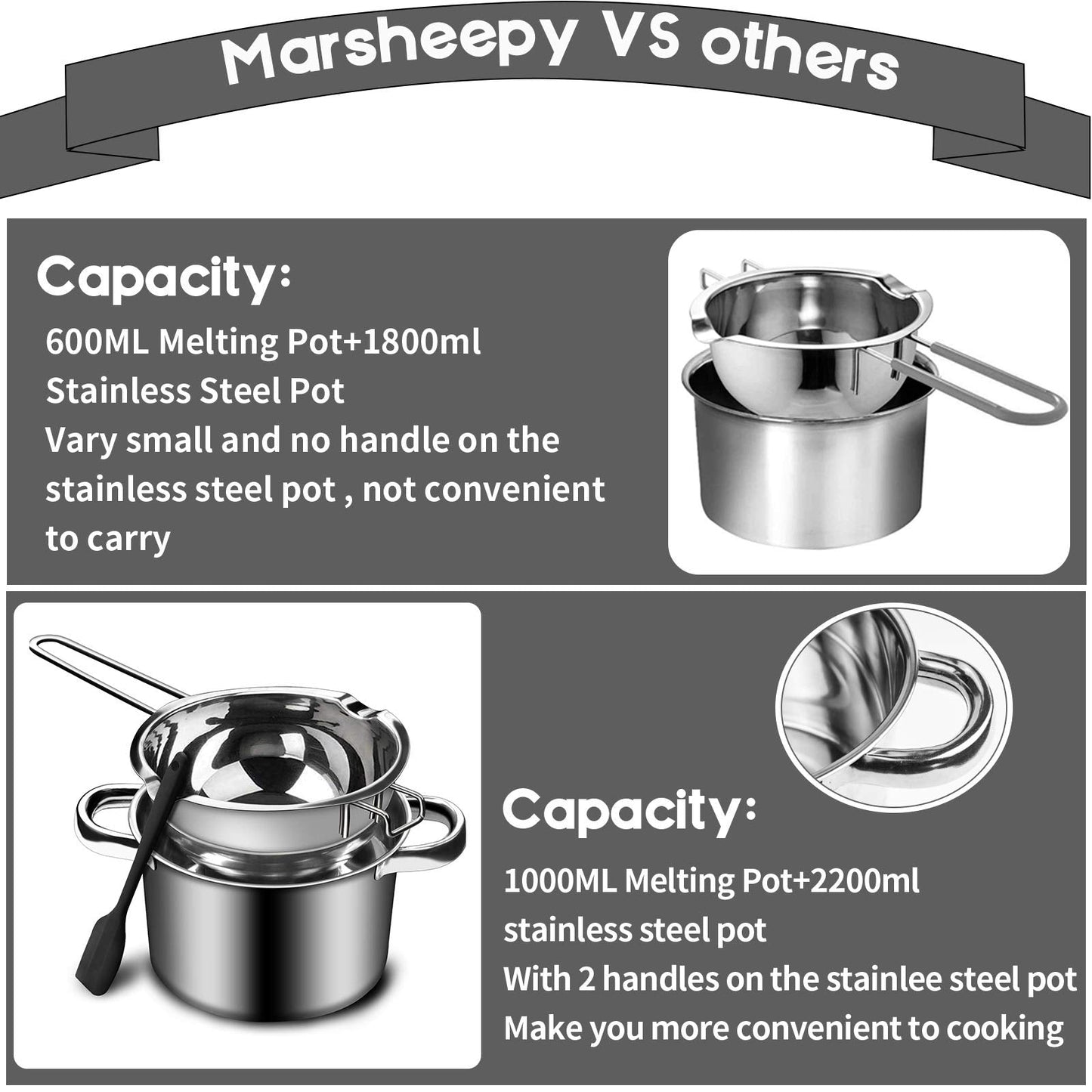 1000ML/1QT Double Boiler Chocolate Melting Pot with 2.3 QT 304 Stainless Steel Pot, Chocolate Melting Pot with Silicone Spatula for Melting Chocolate, Candy, Candle, Soap, Wax 1000ml+2200ml