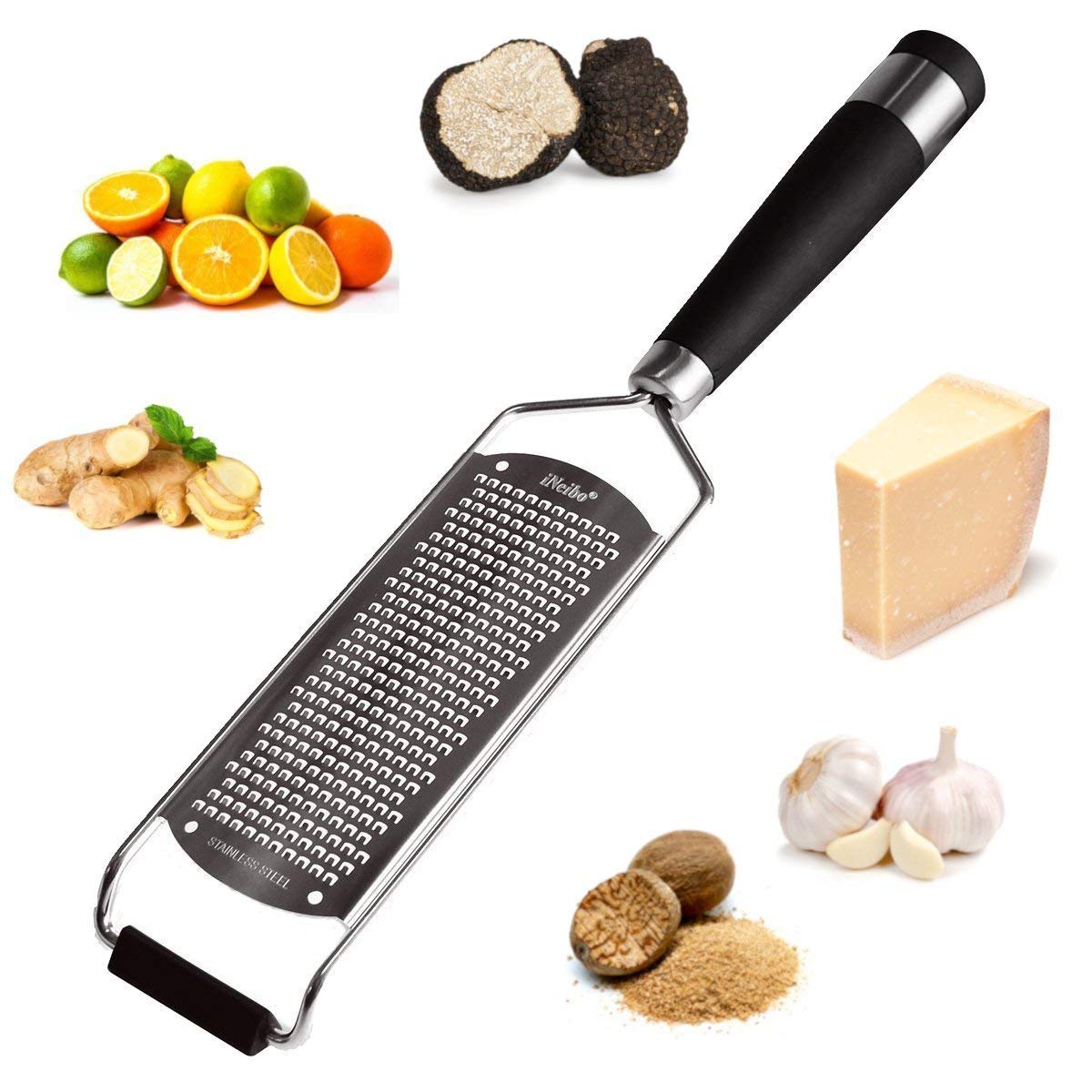 iNeibo Kitchen Cheese Grater & Lemon Zester - Sharp 18/8 Stainless Steel Blade - Ergonomic TPR Handle - Easy to Grate Or Zest Lemon, Orange, Citrus, Cheese, Chocolate, Nuts, Gingers, Garlic