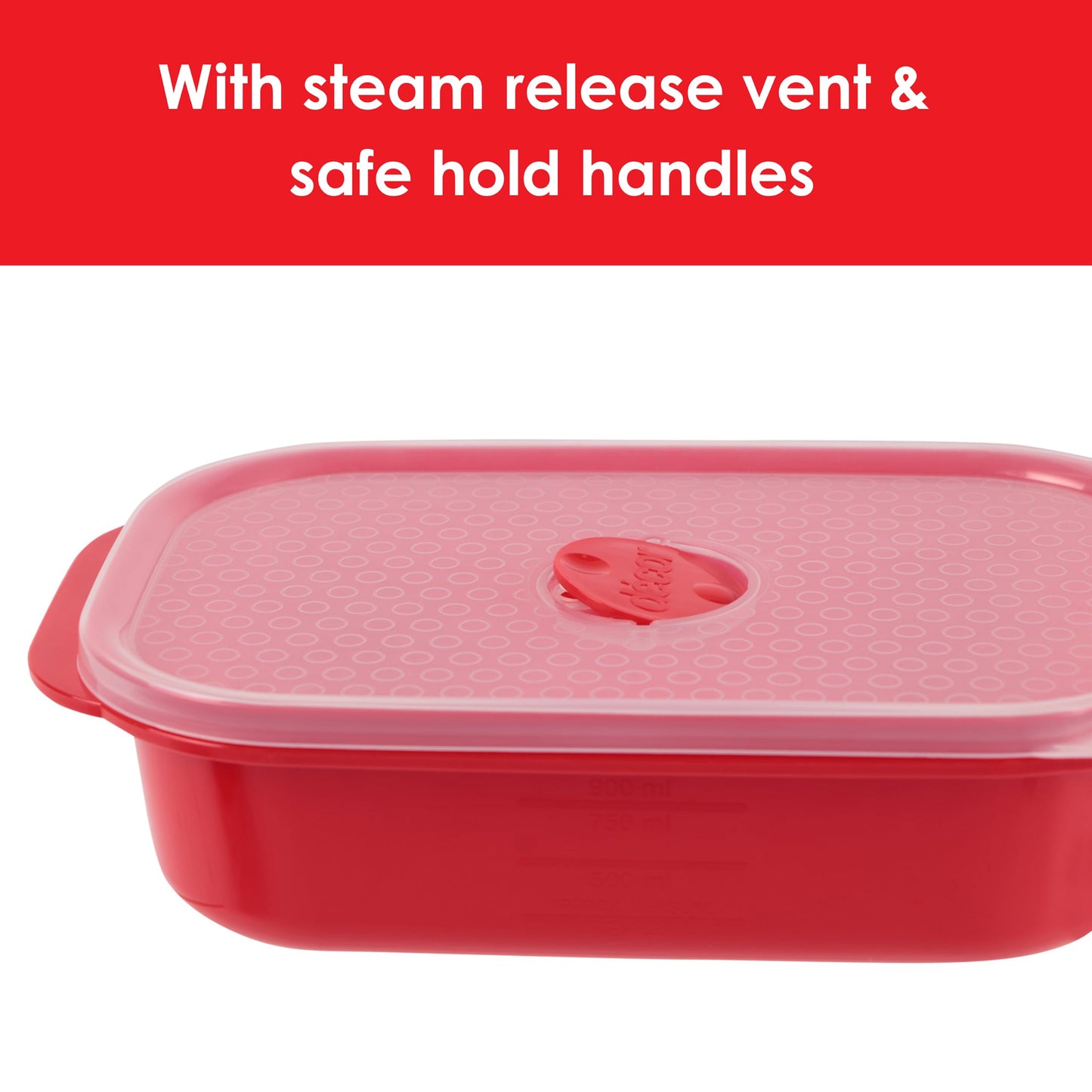 Décor Microwave Food Containers Set | 3 Pack - 3 x 900ml | Steam Release Vent | Dishwasher & Freezer Safe | Red 900ml 3 Pack Oblong