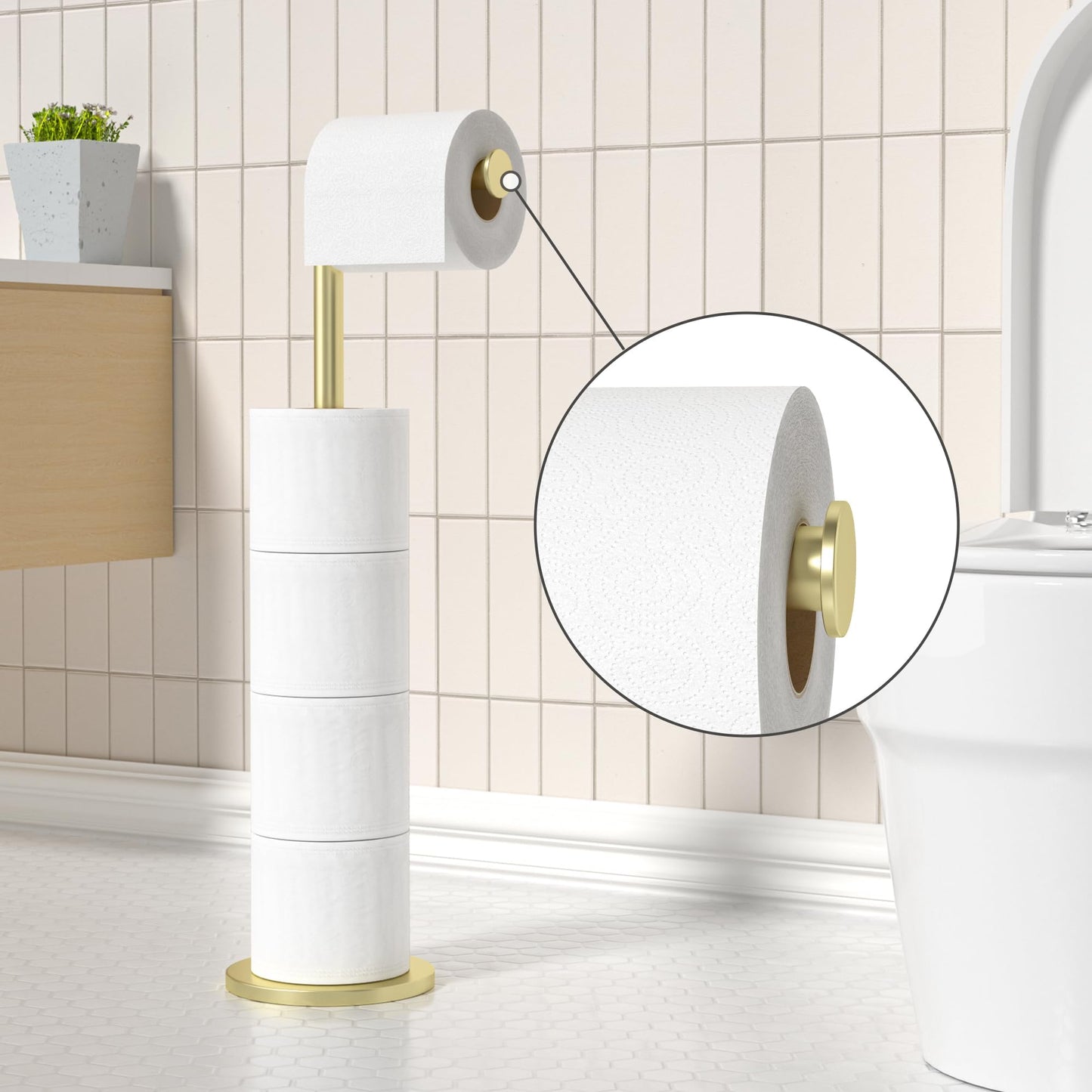 Freestanding Toilet Roll Holders Folding Paper Holder Stainless Steel Bathroom Stand, Anti Rust Pedestal Free Standing Storage Dispenser Holds 5 Rolls Gold