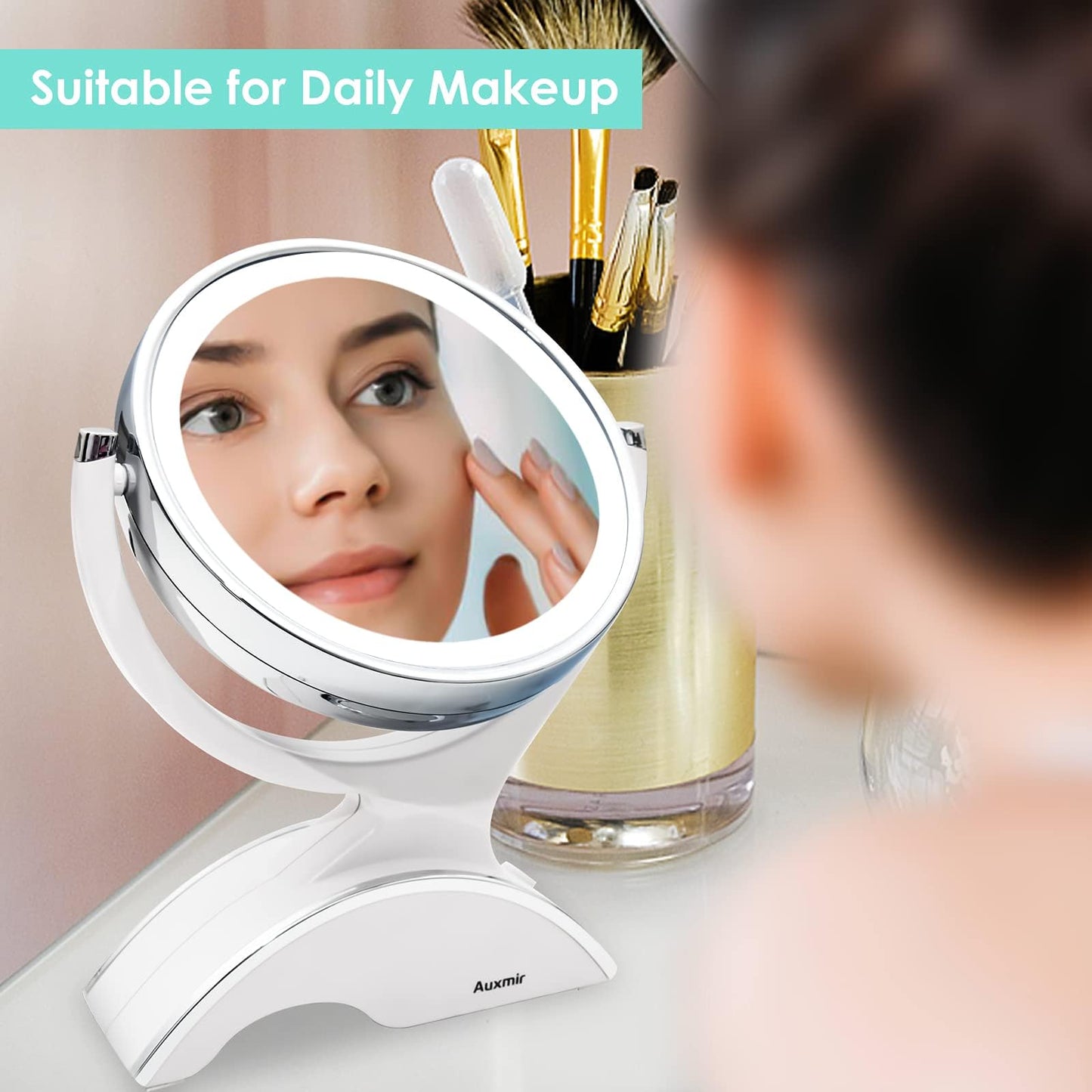 Auxmir 1X / 10X Magnifying Makeup Mirror With Light, Double Sided Rechargeable Mirror with Adjustable Brightness, 360° Rotation Cosmetic Mirror for Dressing Table, Bathroom, Bedroom