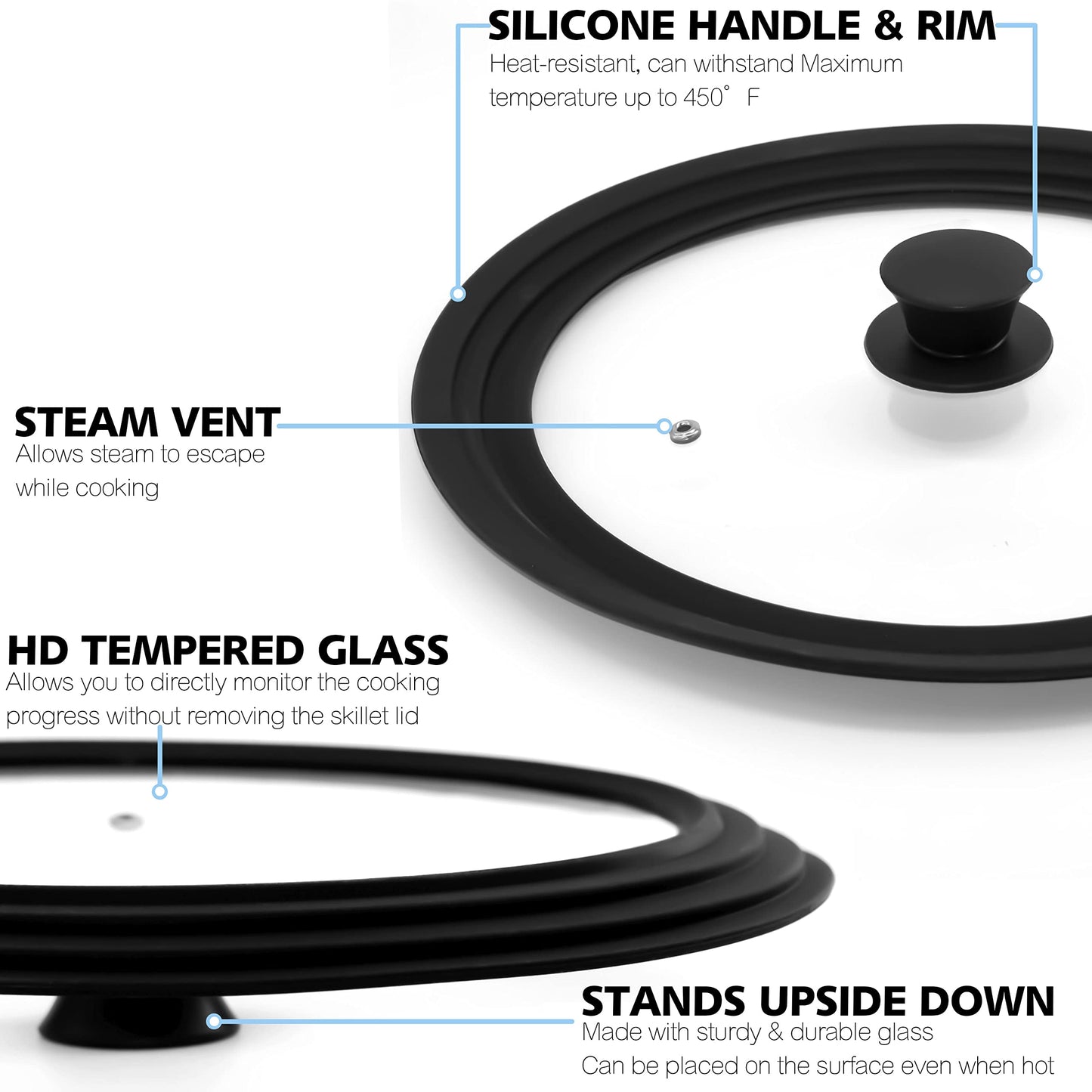 Anaeat Silicone Universal Lid for Pots, Pans and Skillets - Tempered Glass Covered with Heat Resistant Silicone Rim Fits All 18cm to 30cm Diameter Cookware -Easy to Use Replacement Frying Pan Cover 18cm to 30cm (2 Pcs)