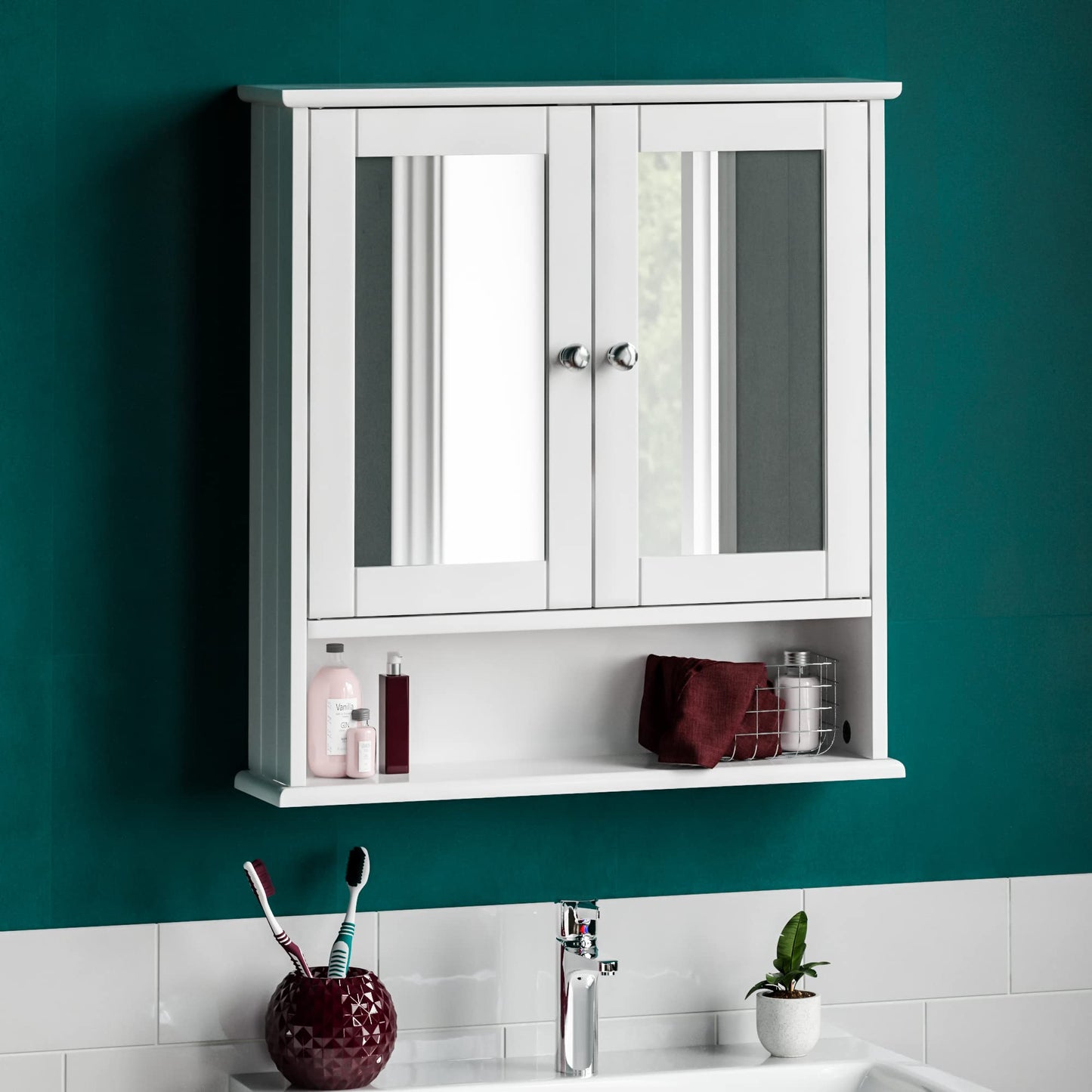 Bath Vida Bathroom Cabinet Mirrored Double Doors Wall Mounted Storage Furniture, White H 58 x W 56 x D 13 cm Approx.