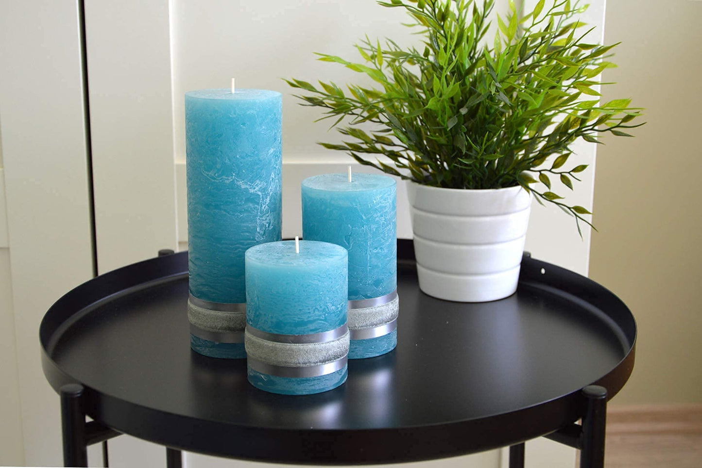 Badidi - Ornaments Turquoise,Teal Pillar Candles - Decorative Large Set of 3 - Modern Home and Living Room Decorations - Table Display - Center Piece Candles - Different Heights Turquise