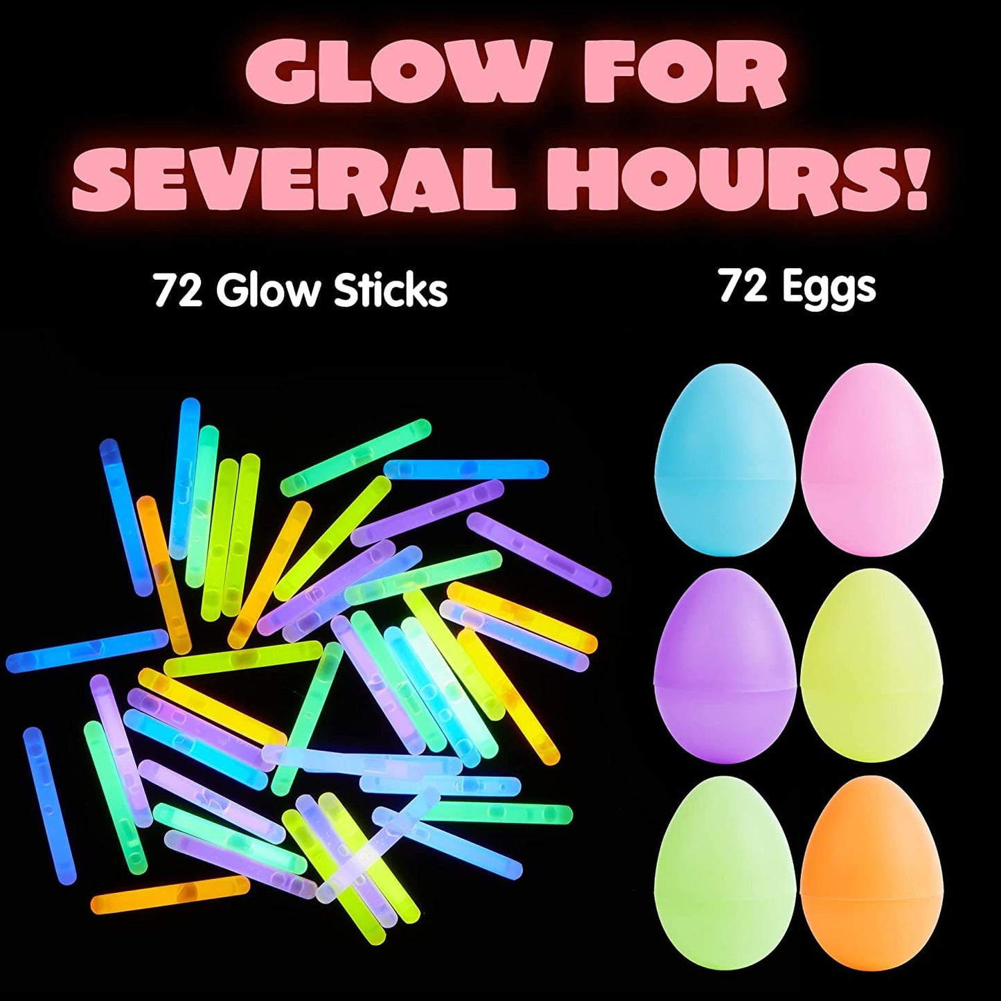 72 PCs Prefilled Easter Eggs with Mini Glow Sticks for Easter Glowing Eggs for Kids Glow-In-The-Dark , Easter Basket Stuffers Fillers Gift, Easter Eggs Theme Hunt Game Favors Decorations Supplies.