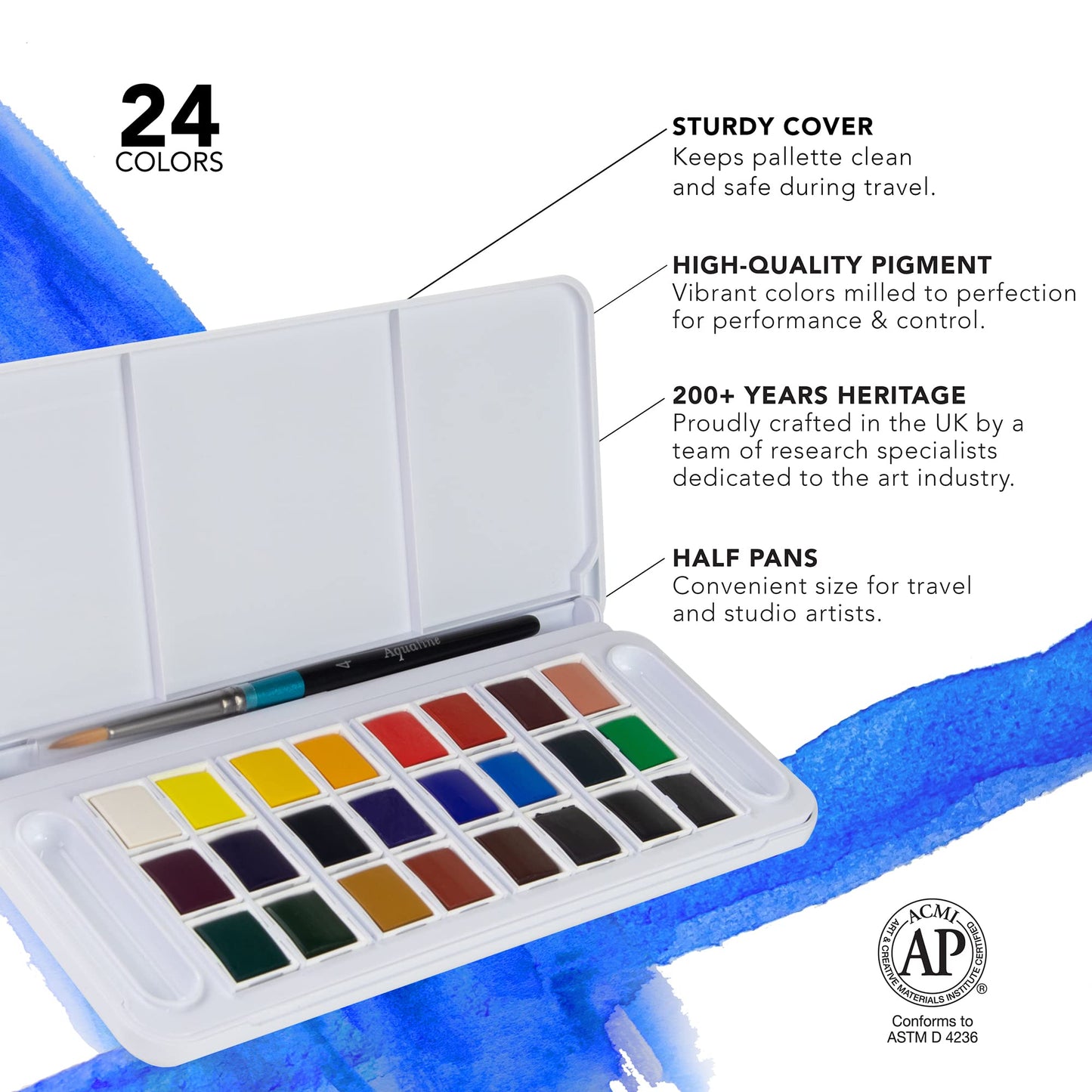 Daler-Rowney Aquafine Watercolour Travel Half Pan Paint Set, 24 Assorted Colours + 1 Watercolour Brush, Ideal for Professional Artists 24 HALF PAN TRAVEL SET