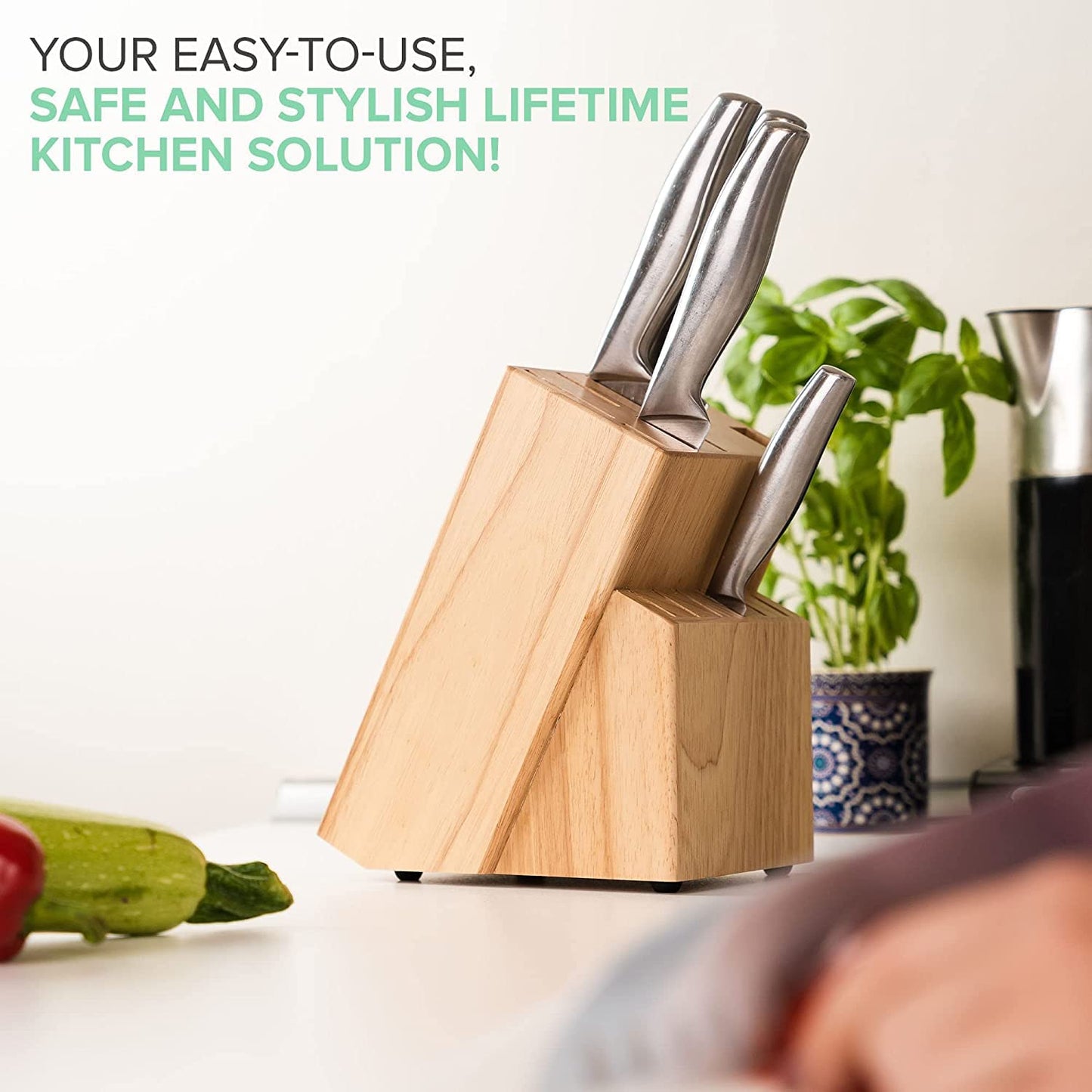 Coninx Knife Block RubberWood - Safe & Easy Universal Knife Block Solution - Convenient and Secure Knife Support Without Knives to Save Space and Find Your Knives Easily – Universal Knife Holder Malaysian Oak