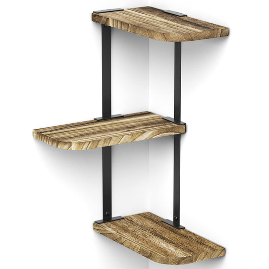 Love-KANKEI Corner Shelf, 3 Tiers Rustic Wood Floating Shelves for Bedroom, Living Room, Bathroom, Kitchen and Office etc, Carbonized Black