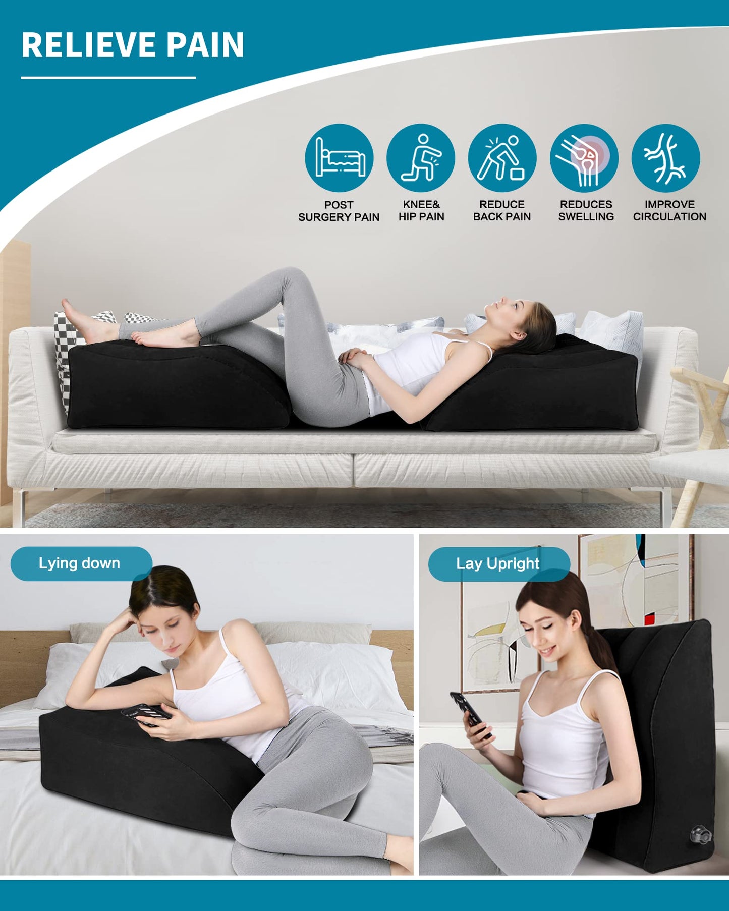 BLABOK Leg Elevation Pillow,Inflatable Wedge Pillows,Comfort Leg Pillows for Sleeping,Improve Circulation and Reduce Swelling,Suitable for Improving Sleep Quality,Pregnant,Surgery and Injury,Recovery Black