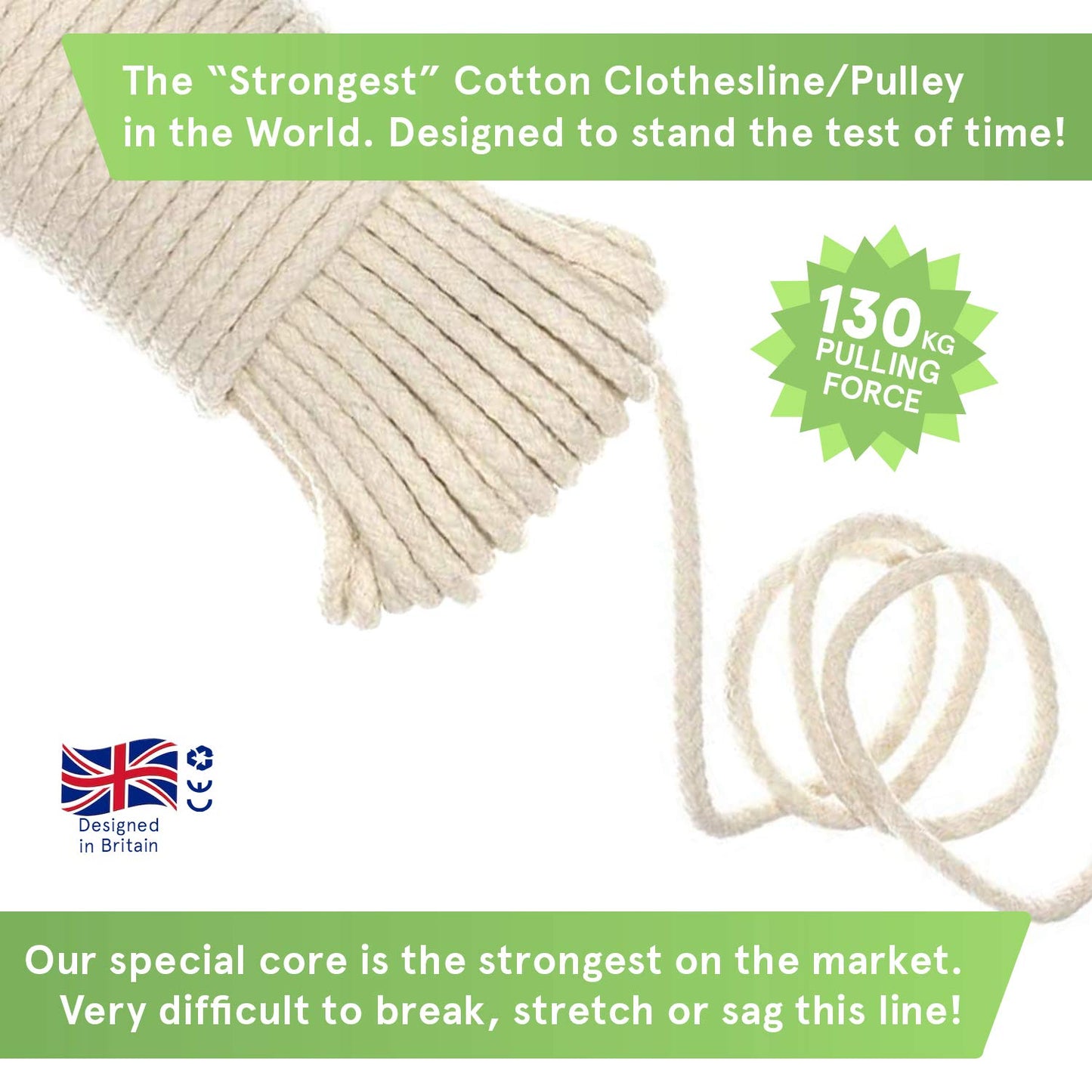 “The Strongest” Natural Cotton Clothesline Pulley by Smith’s® | 20m/66ft X 5.5mm | Soft Braided 130kgs Pulling Force Rope | Snag & Tear Resistant | 1 Year Guarantee! 20m (66ft)