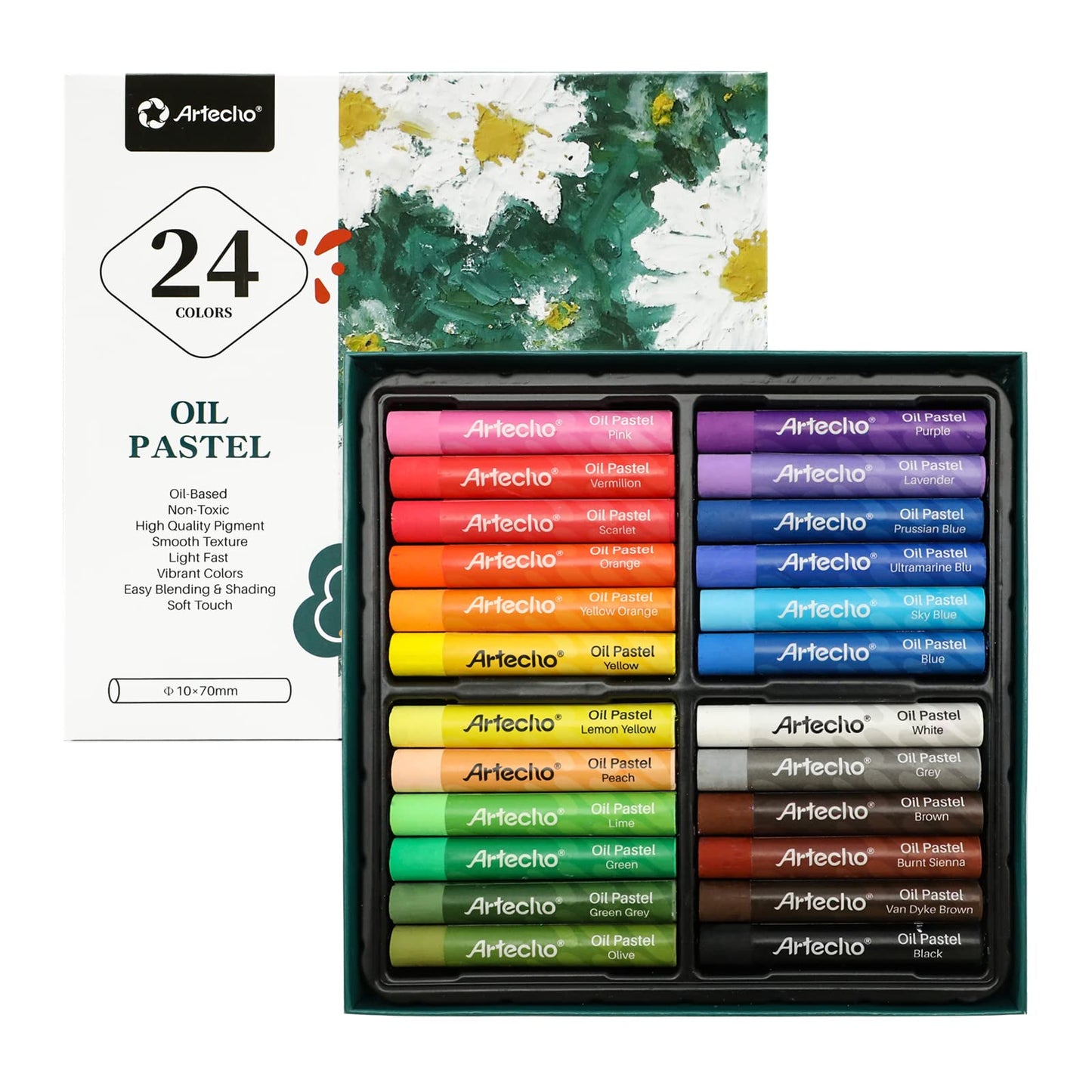 Artecho Oil Pastels Set of 24 Colors, Soft Oil Pastels for Art Painting, Drawing, Blending, Oil Crayons Pastels Art Supplies for Artists, Beginners, Students, Teachers 24 count (Pack of 1)