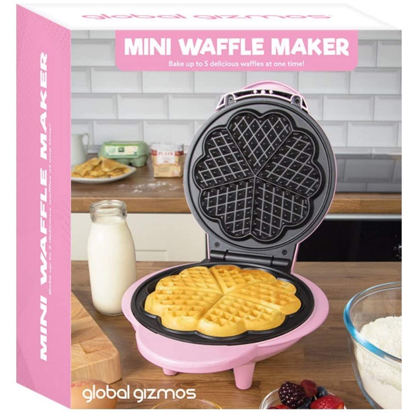 Global Gizmos 35570 Heart Shaped Waffle Maker / 1000W / Unique Thermostatic Design/Non-Stick Plates/Easy Clean / 25cm x 22cm / Pink Colour