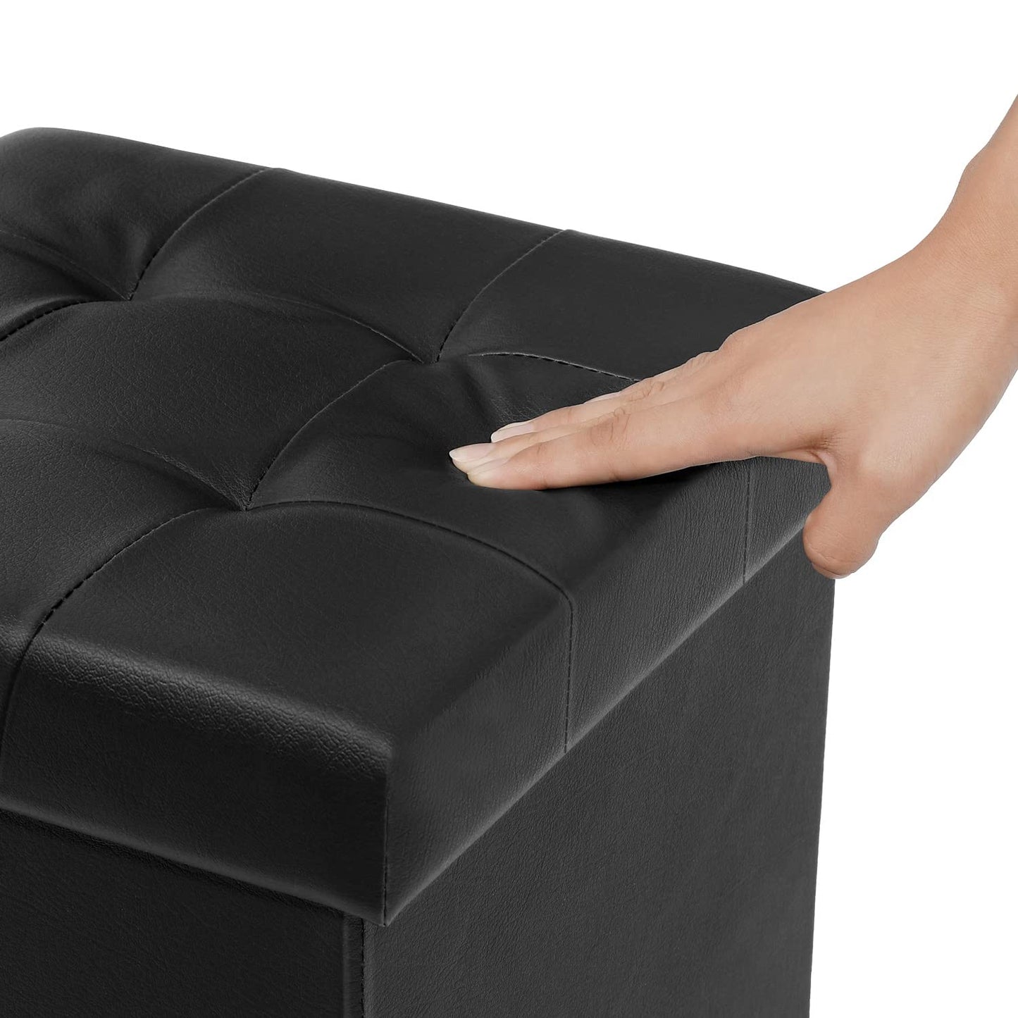 Bonlife 12.6" Black Folding Storage Ottoman Box Footstool,Faux Leather Storage Box with Lid Toy Chest Cube Foot Rest Seat, 32x32x32cm S-Leather