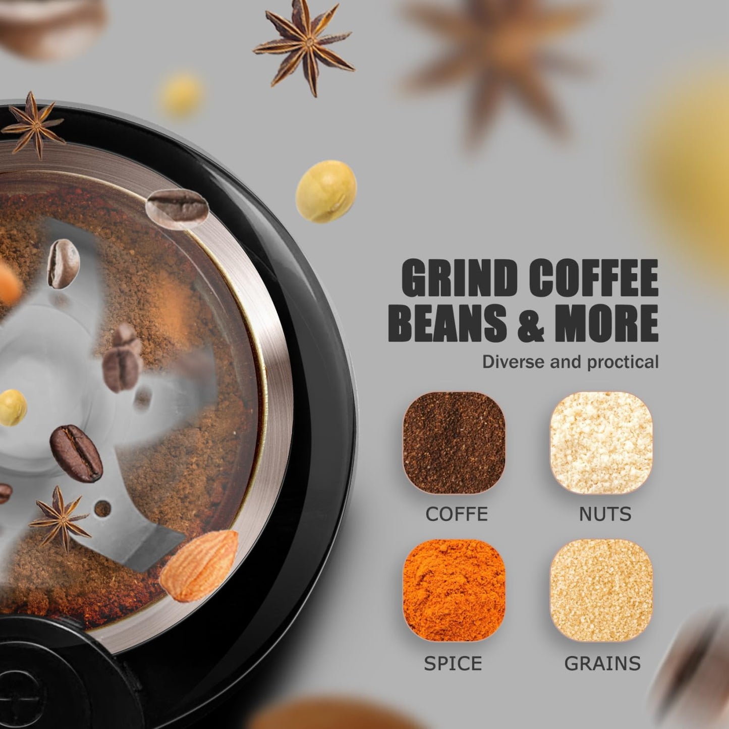 Aigostar Coffee Grinder Electric with Removable Lid, Grinder for Coffee Bean, Pepper, Grain, Spice, Nuts Safe 304 Stainless Steel Blades, Powerful Grinder Motor 200W - Natural 30RRK.