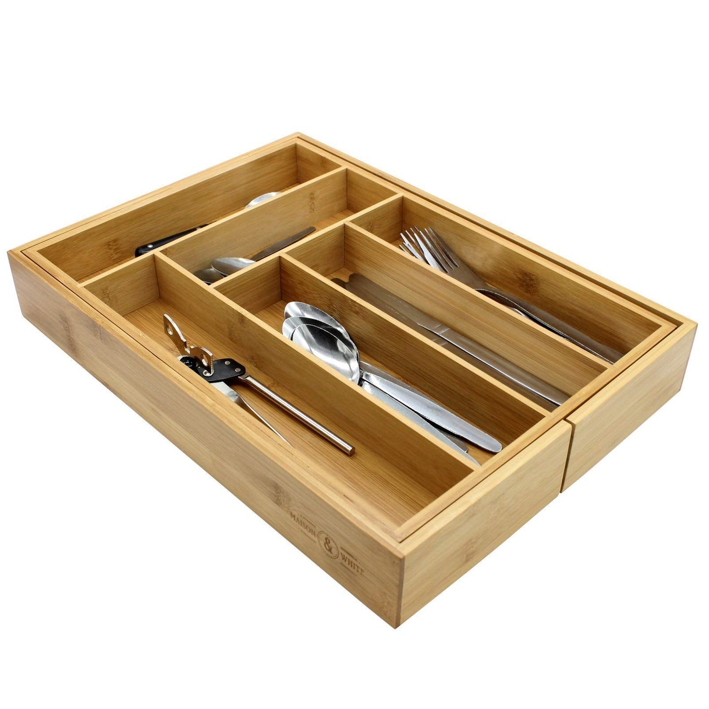 Bamboo Extending Cutlery Drawer | 6-8 Adjustable Compartments | Naturally Durable & Water Resistant Tray | Wooden Kitchen Organiser | M&W